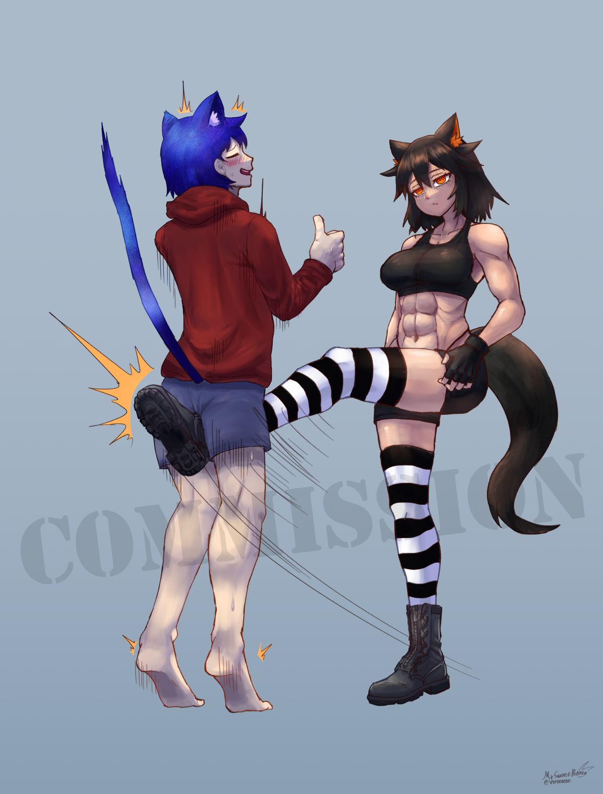 1boy, 1girls, abs, aipa (mr.sweetpotato), annoyed, artist name, ballbusting, balls, belly button, black gloves, blue hair, blush, boots, cat boy, cat ears, cat tail, catboy, clothed, cock and ball torture, cock and balls torture, commission, enjoying, female, fingerless gloves, gloves, kicking, kicking balls, light skin, light-skinned male, looking at another, male, mr.sweetpotato (vtetetete), muscular, muscular female, orange eyes, original, penis, sports bikini, striped thighhighs, tail, tan skin, tan-skinned female, thumbs up, wolf ears, wolf girl, wolf tail