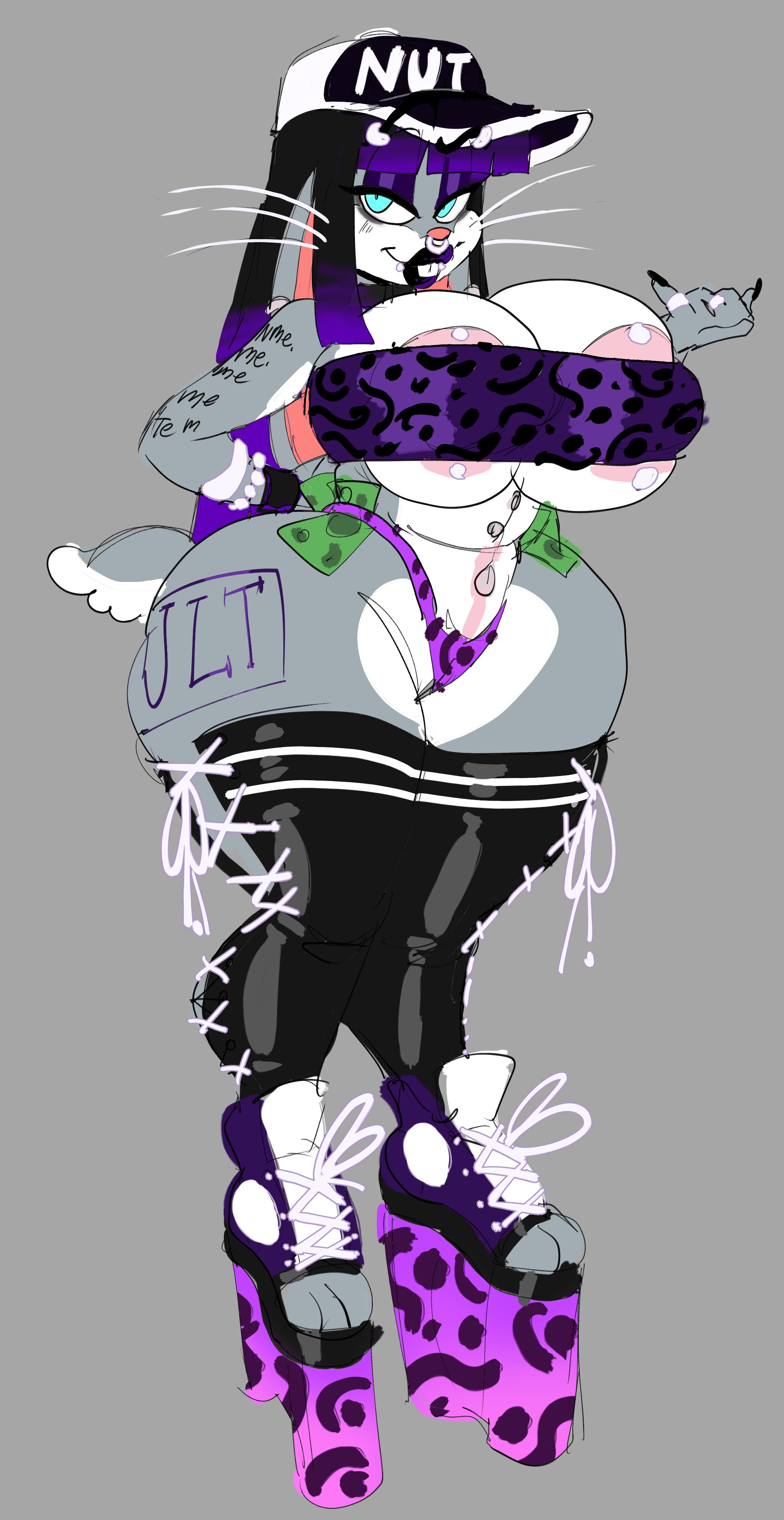 1girls, anthro, areolae, ass, big ass, big breasts, bimbo, bimbo goth bugs, blue eyes, blush, body writing, bracelet, breasts, bubble ass, bubble butt, bugs bunny, busty, clothing, crop top, dedoggyskullz, dollar bills, eyeshadow, female, female only, fembugs bunny, furry, goth, goth girl, grey body, grey fur, half-closed eyes, hat, huge ass, huge breasts, lagomorph, large ass, large breasts, lip piercing, looking at viewer, looney tunes, makeup, mascara, money, money in underwear, navel piercing, nose ring, painted nails, panties, piercing, platform shoes, rabbit, ring, rule 63, shoes, skimpy, solo, solo female, thick thighs, thighhighs, thin waist, thunder thighs, two-tone hair, warner brothers, white body, white fur, wide hips