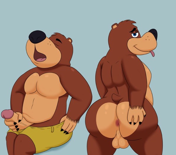 1boy anthro anus ass_focus balls ballsack banjo-kazooie banjo_(banjo-kazooie) bear closed_eyes colossalstars gay looking_at_viewer looking_back looking_pleasured male male_focus male_only masturbation nude open_mouth penis presenting presenting_hindquarters rareware rear_view shorts smile smiling_at_viewer thick_thighs tongue tongue_out ursid