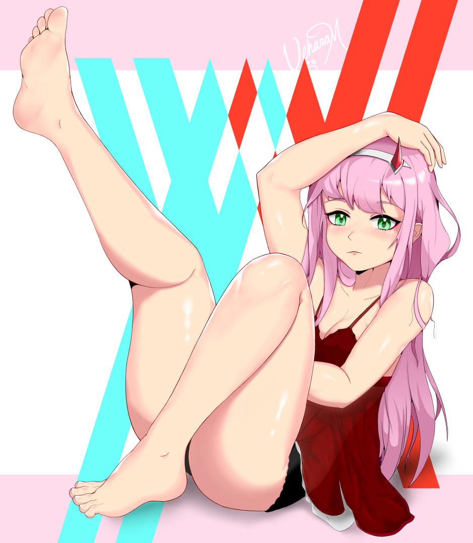 barefoot darling_in_the_franxx foot_fetish green_eyes leg_up pink_hair red_dress ueharam_ zero_two_(darling_in_the_franxx)