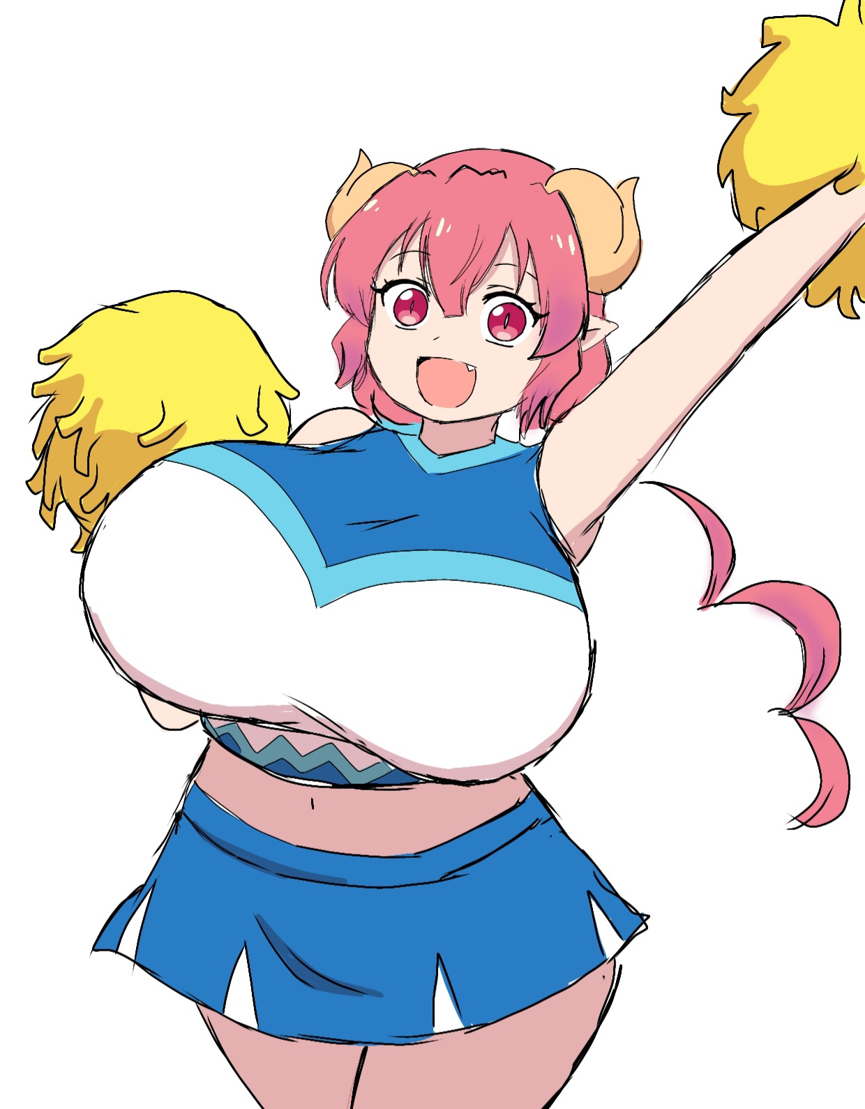1girls, big breasts, breasts, cheerleader, cheerleader uniform, female, female only, ilulu (dragon maid), miss kobayashi's dragon maid, momiji (artist), no pants, pink hair, skirt, solo, solo female, white background