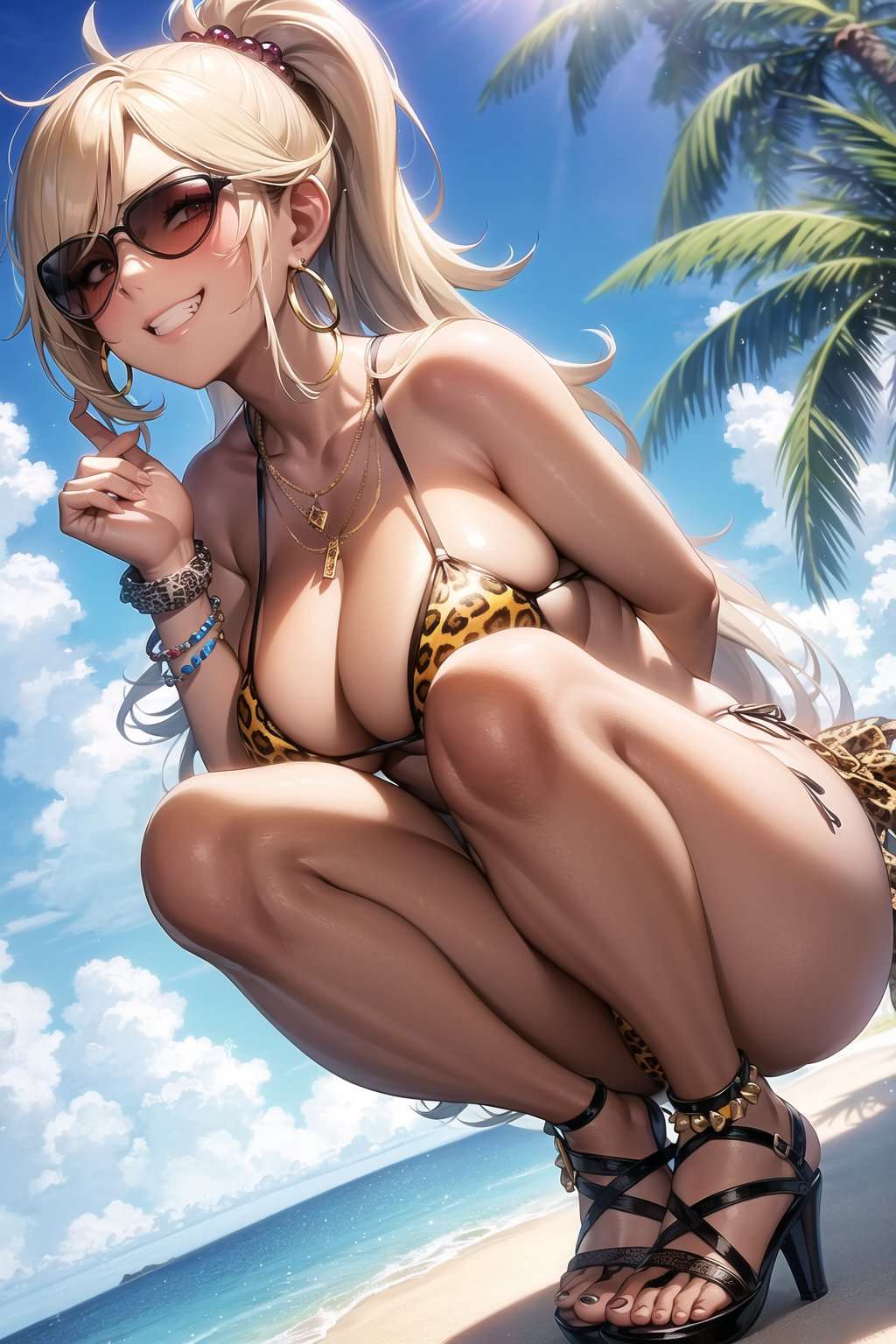 1girls, ai generated, athletic, athletic female, bangs, bare shoulders, beach, big breasts, bikini, bikini bottom, bikini top, blonde hair, blush, blushing at viewer, bracelet, breast squish, breasts, brown eyes, brown-tinted eyewear, dark skin, dark-skinned female, feet, female, gyaru, hair ornament, hands behind back, happy, happy female, high heels, hoop earrings, hourglass figure, huge breasts, jewelry, large breasts, leopard print, long hair, necklace, original character, outdoors, outside, palm tree, pose, posing, sky background, smile, smiling, smiling at viewer, solo, solo female, solo focus, squat, squatting, squish, sunglasses, tan body, tan skin, tanned, teeth showing, thick thighs, tinted eyewear, voluptuous, voluptuous female