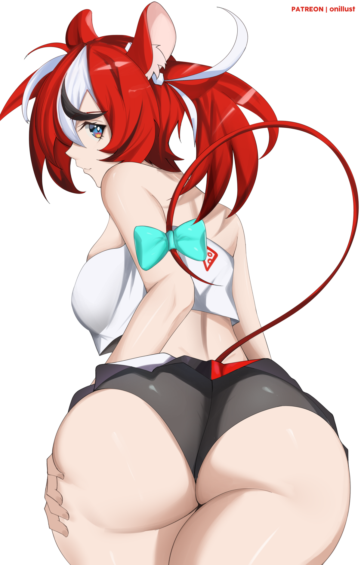 1girls, animal ears, ass, back view, black hair, child bearing hips, fat ass, female, hakos baelz, hololive, hololive english, hololive english -council-, hololive english -promise-, huge ass, kemonomimi, large breasts, light skin, long hair, multicolored hair, o22no, rat ears, rat girl, red hair, short shorts, shorts, thick thighs, twintails, virtual youtuber, white hair