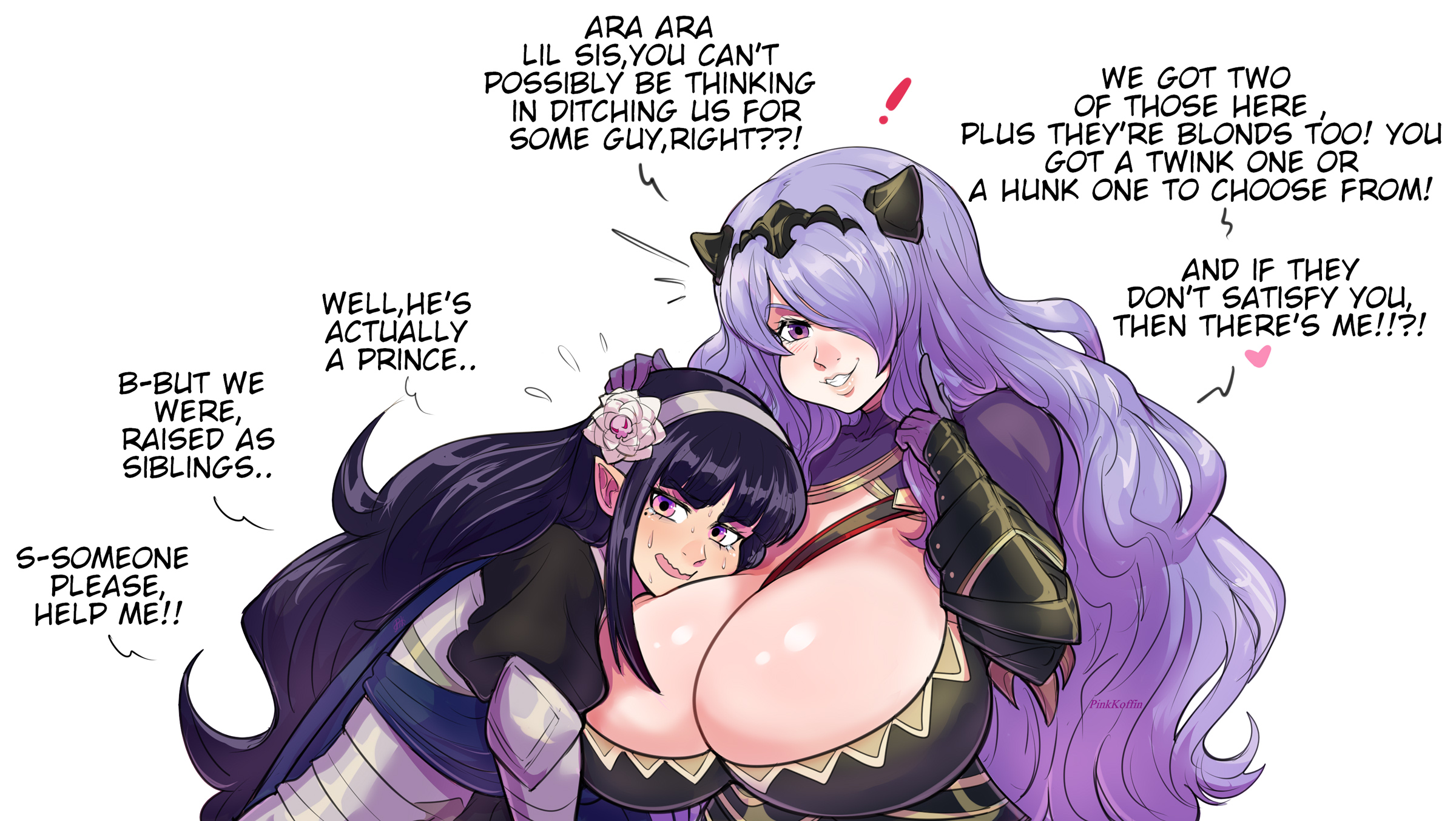 2girls, ara ara, breast size difference, breasts, busty, camilla (fire emblem), cleavage, corrin (fire emblem), corrin (fire emblem) (female), dialogue, english text, female, fire emblem, fire emblem fates, gloves, hair over one eye, huge breasts, koffin, large breasts, long ears, long hair, medium breasts, nintendo, original, original character, pink hair, pinkkoffin, purple eyes, purple gloves, purple hair, simple background, text, voluptuous