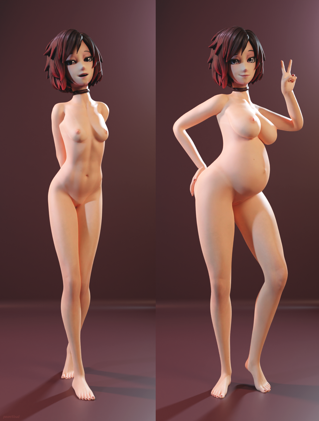 1girls, 3d, before and after, before and during pregnancy, black hair, breast growth, breasts, female, female only, naked, pregnant, red hair, red toenails, ruby rose, rwby, solo, solo female