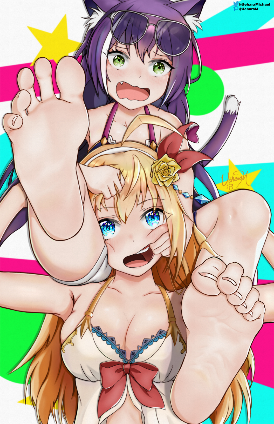 barefoot blonde_hair blue_eyes cat_ears cat_tail catgirl feet foot_fetish foot_focus grabbing_face grabbing_hair green_eyes hand_in_mouth karyl_(princess_connect!) pecorine pecorine_(princess_connect!) pinched_toes princess_connect! purple_hair swimsuit ueharam_