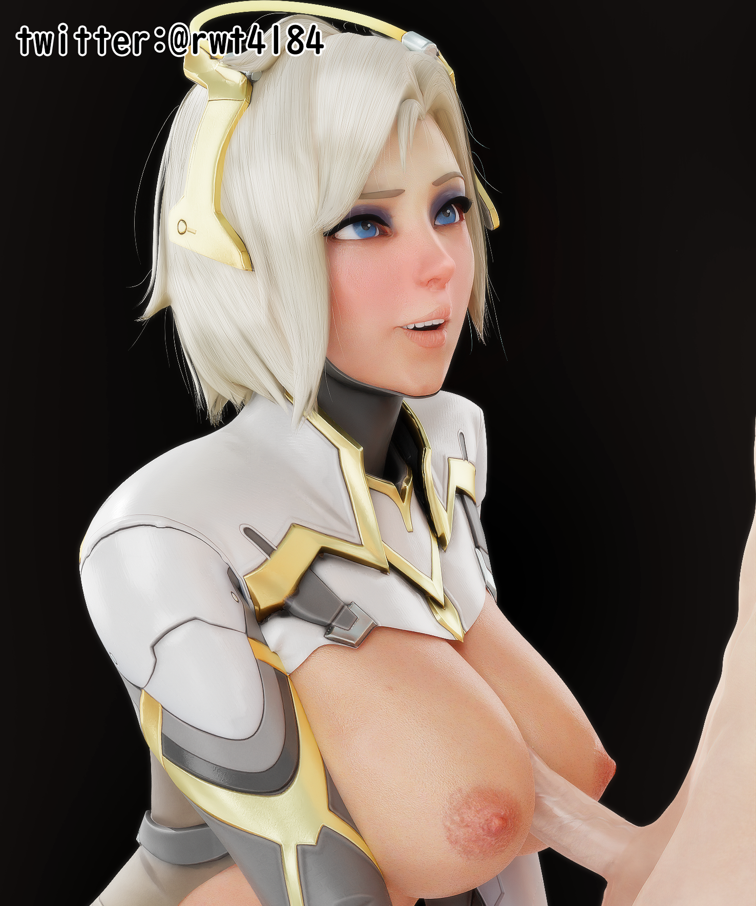 1boy, 1girls, 3d, angela ziegler, areolae, armor, athletic, athletic female, balls, big breasts, black background, blender, blizzard entertainment, blonde hair, blue eyes, blush, boobjob, bottomless, breast press, breast squeeze, breasts, close-up, clothed, clothing, duo, erection, female, female focus, half naked, half-dressed, halo, looking at partner, male, male/female, mercy, mercy (overwatch 2 suit), nipples, nude, nude male, overwatch, overwatch 2, paizuri, penis, penis between breasts, perpendicular paizuri, rwt4184, simple background, small penis, smile, smiling, smiling at partner, standing, thick thighs, titfuck, titjob, topwear, unseen male face, watermark