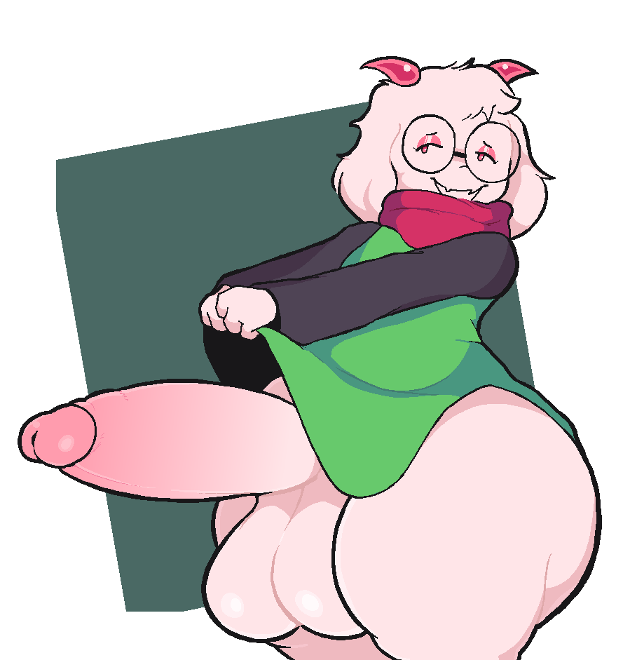 1boy analog_worm anthro balls big_ass deltarune erection femboy glasses goat green_clothing horns huge_ass huge_balls huge_cock male male_only penis ralsei scarf shirt_lift solo thick_thighs white_fur