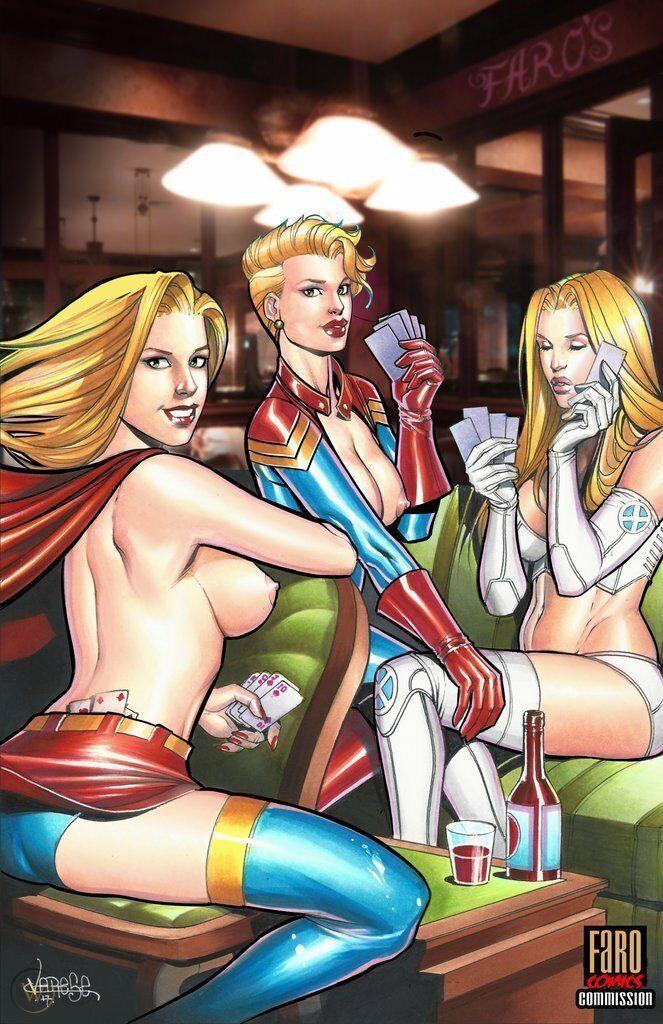 armlet avengers big_breasts blonde_hair blue_eyes breast_squeeze breasts breasts_out captain_marvel carol_danvers choker comic crossover dc dc_comics elbow_gloves emma_frost faro's_lounge hellfire_club huge_breasts jose_varese justice_league kara_zor-el marvel marvel_comics nipples no_bra panties strip_poker supergirl supergirl_(series) superman_(series) thick_thighs thighhighs top_3_superhero_teams topless topless_female white_queen x-men