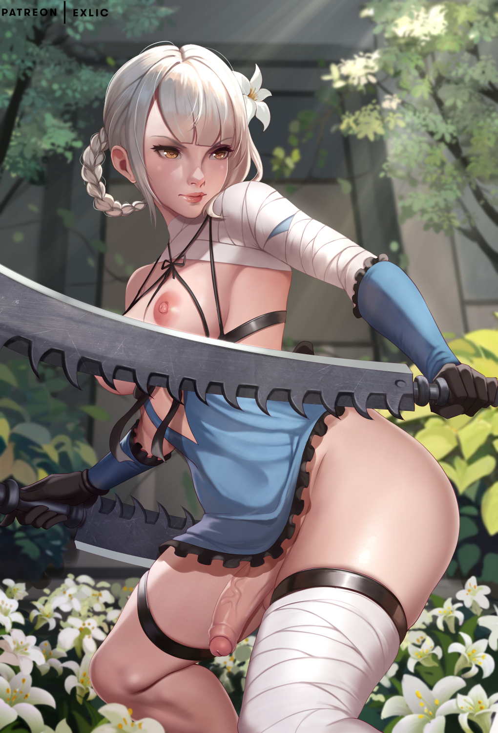 1futa, areolae, big breasts, big penis, bottomless, breasts, canon futa, canon intersex, casual, clothed, clothing, erection, exlic, foreskin, futa only, futanari, human, intersex, kaine (nier), large breasts, light skin, light-skinned futa, nier, nier replicant, nipples, pale skin, partially clothed, penis, solo, standing, thick thighs, thighhighs, uncircumcised, uncut