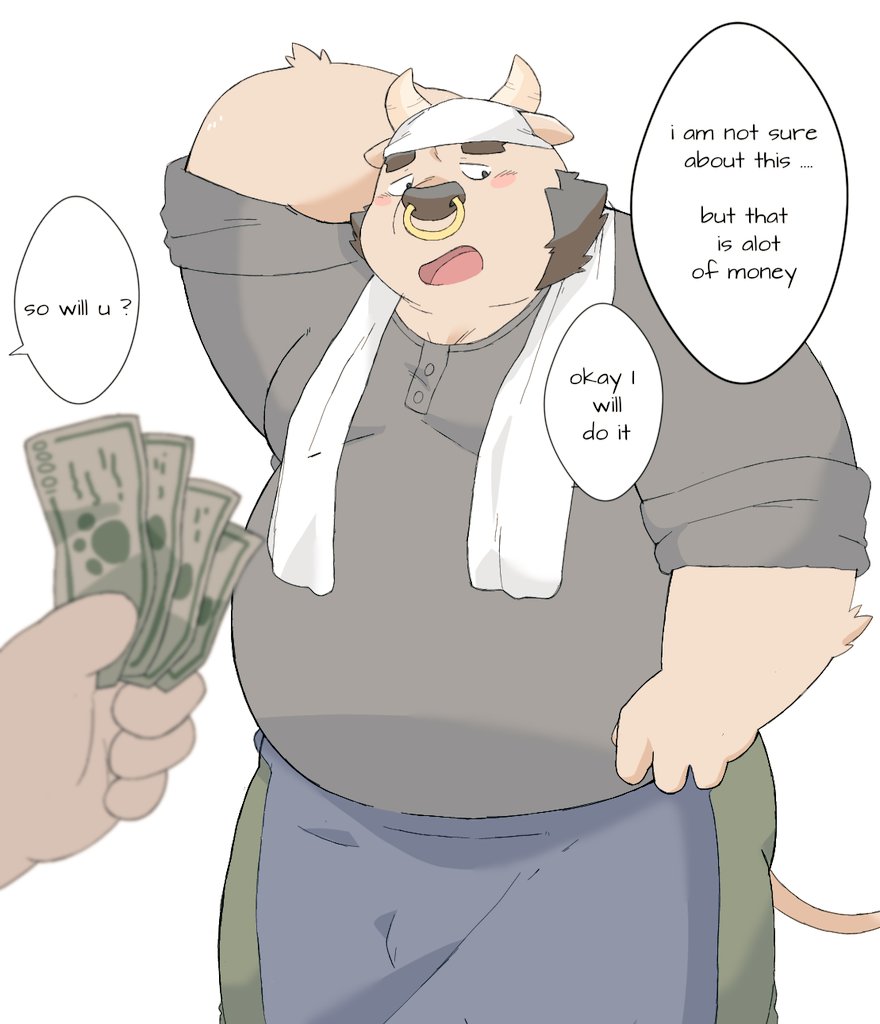 2020s 2023 anthro belly big_belly blush bottomwear bovid bovine cattle clothing dialogue duo english_text facial_piercing ginsingoo1 humanoid_hands kemono male mammal money nose_piercing nose_ring overweight overweight_male pants piercing ring_piercing shirt solo_focus text topwear towel towel_around_neck