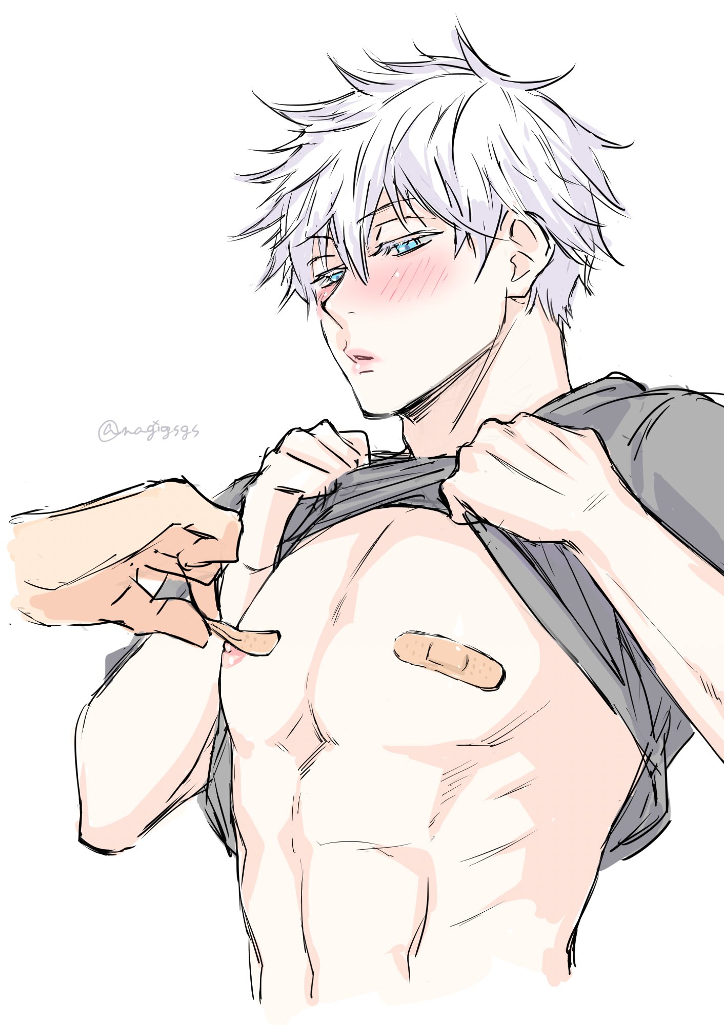 2boys, bandage, bandage on nipples, bishonen, black shirt, blue eyes, embarrassed, eyelashes, feminine male, fluffy hair, gay, jujutsu kaisen, long eyelashes, male, male focus, male only, male pov, nipple play, nipples, pink nipples, satoru gojo, shirt lift, shirt up, shy, suguru geto, twunk, white eyelashes, white hair, yaoi