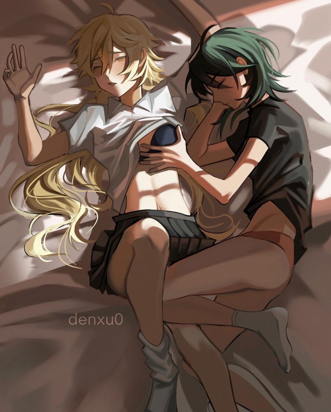 2girls, aether (genshin impact), ass, bed, blonde hair, bra, denxu0, female, genderswap, genshin impact, green hair, groping, multiple females, multiple girls, panties, rule 63, skirt, sleeping, xiao (genshin impact), yuri