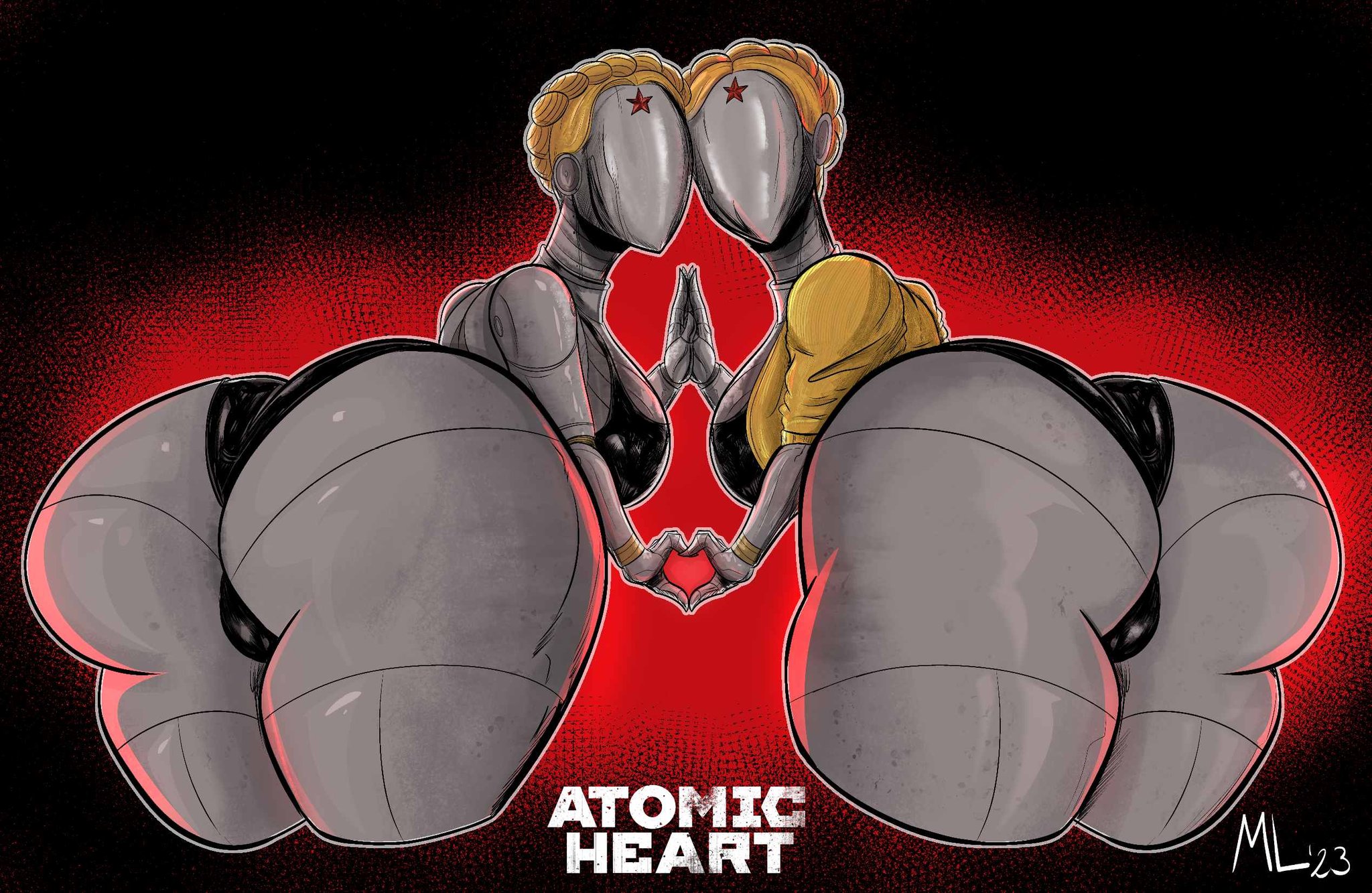 2girls, ameizing lewds, ass, atomic heart, bent over, big ass, blonde hair, bra, bubble ass, bubble butt, fat ass, female, female only, huge ass, large ass, left (atomic heart), looking at viewer, looking back, open shirt, panties, right (atomic heart), robot, robot girl, shirt, sisters, the twins (atomic heart), thick ass, thick thighs, twins