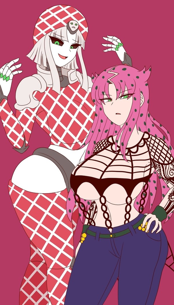 2girls big_breasts black_sclera breasts cleavage diavolo epitaph_(jjba) female fishnet_shirt fishnets green_eyes hat human humanoid jojo's_bizarre_adventure king_crimson light-skinned_female light_skin long_hair pink_hair pose revealing_clothes rule_63 shounen_jump simple_background stand_(jjba) vento_aureo villainess white_body white_hair white_skin wide_hips