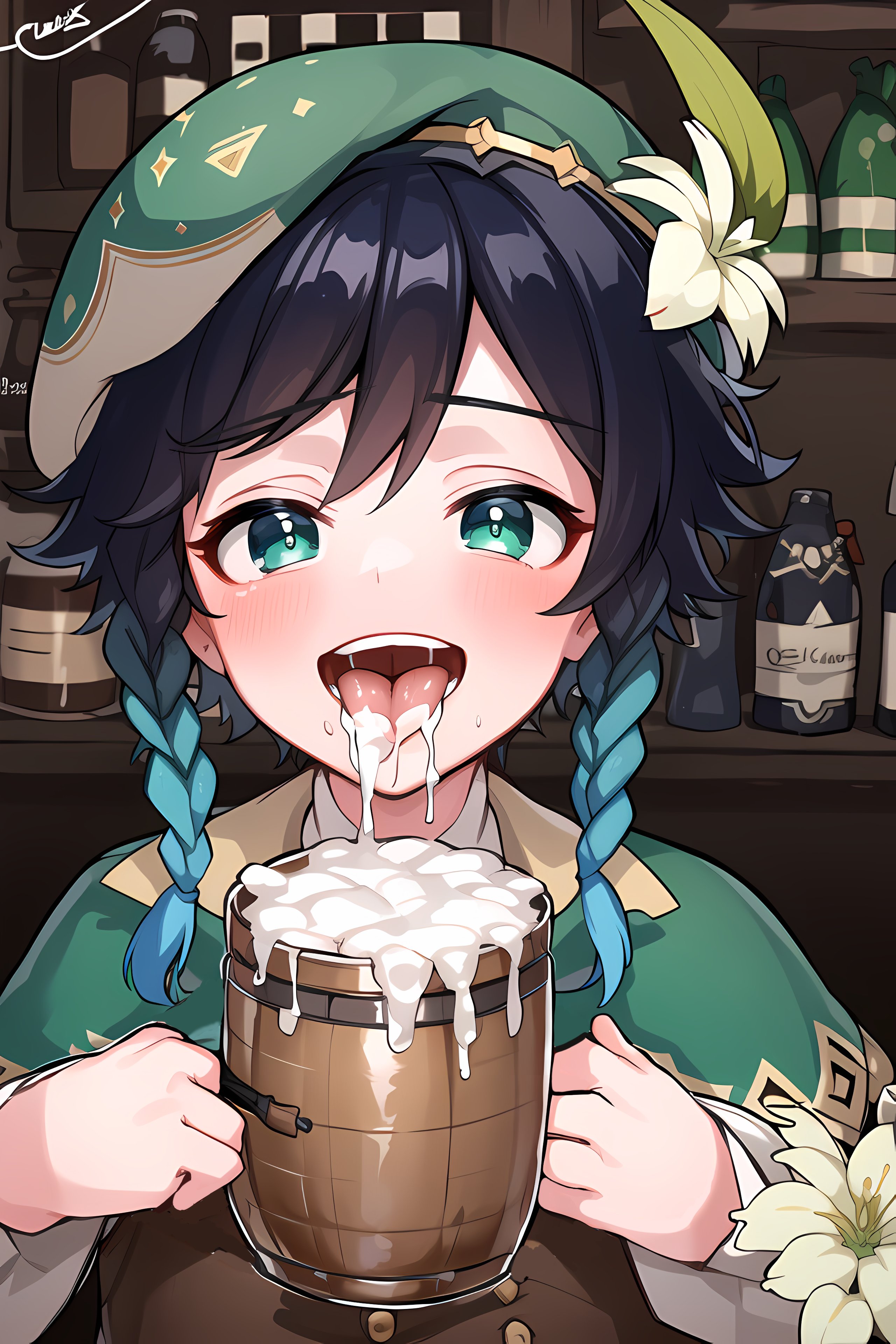 1boy, ai generated, blush, blushing, brothel, cum, cum in container, cum on tongue, drink, drinking, drinking cum, femboy, genshin impact, gokkun, looking at viewer, male, nai diffusion, pov eye contact, solo, solo focus, solo male, stable diffusion, tongue, tongue out, trap, venti (genshin impact)