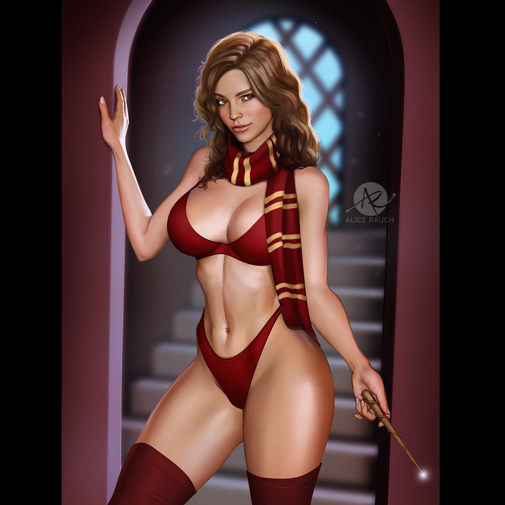 1girls 2d alice_rauch alternate_breast_size arm_up bra brown_eyes brown_hair cleavage color doorway eyes fantasy female female_focus female_only gryffindor gryffindor_scarf hair hand_on_wall happy harry_potter hermione_granger hogwarts hogwarts_student holding_object holdinh_wand human human_only light-skinned_female light_skin long_hair magic midriff navel neckwear open_eyes panties pose red_bra red_clothing red_panties red_thong red_underwear scarf seductive seductive_smile shaded smile smooth_skin solo solo_female solo_focus stairs standing stockings thick_thighs thighhighs thighs underwear wand wand-lighting_charm wide_hips witch