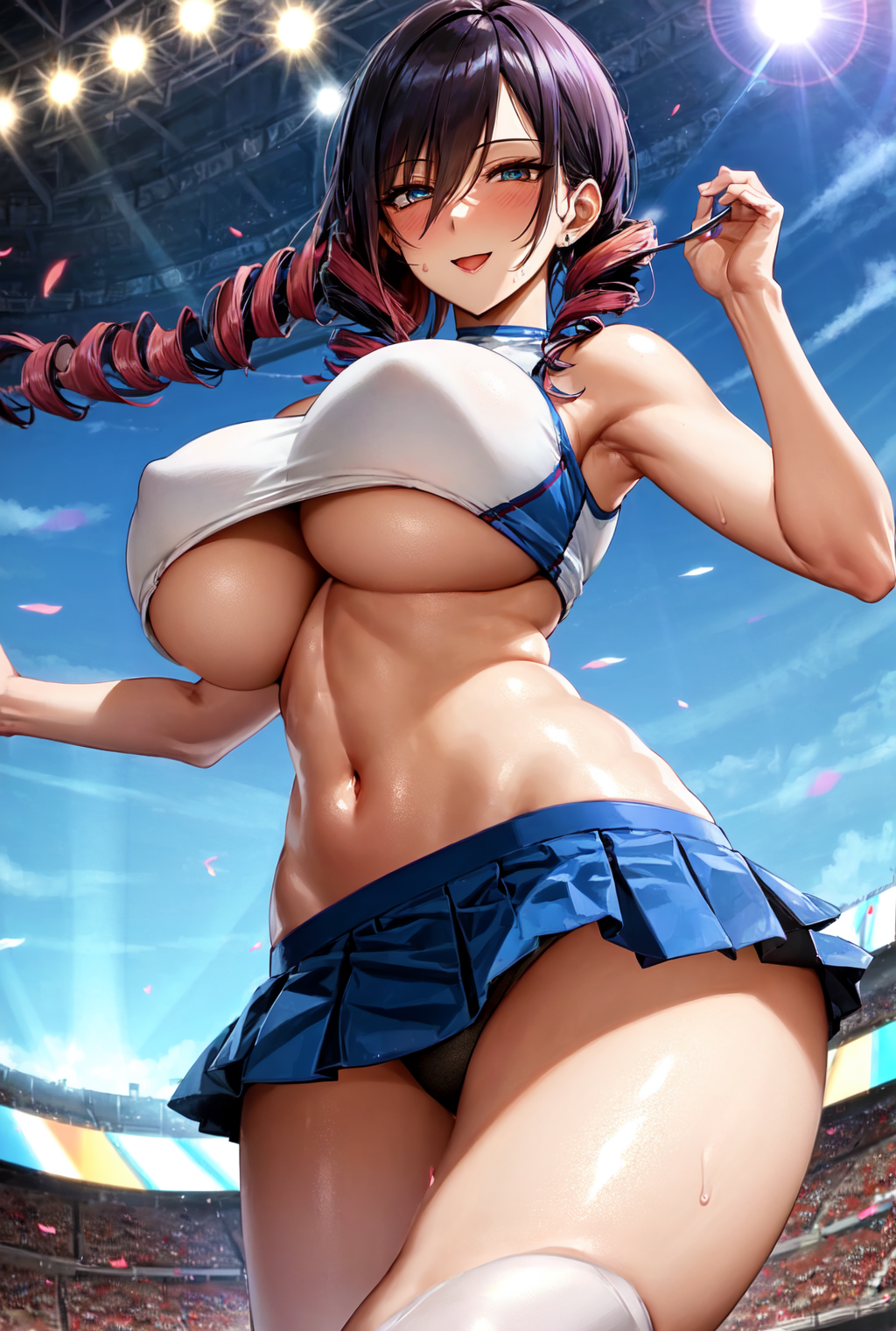 1girls, 2023, ai generated, breasts, cheerleader, cheerleader uniform, curvaceous, curvy, curvy body, curvy female, curvy figure, female, female focus, female only, hi res, looking at viewer, milf, seductive look, stable diffusion, underboob, voluptuous