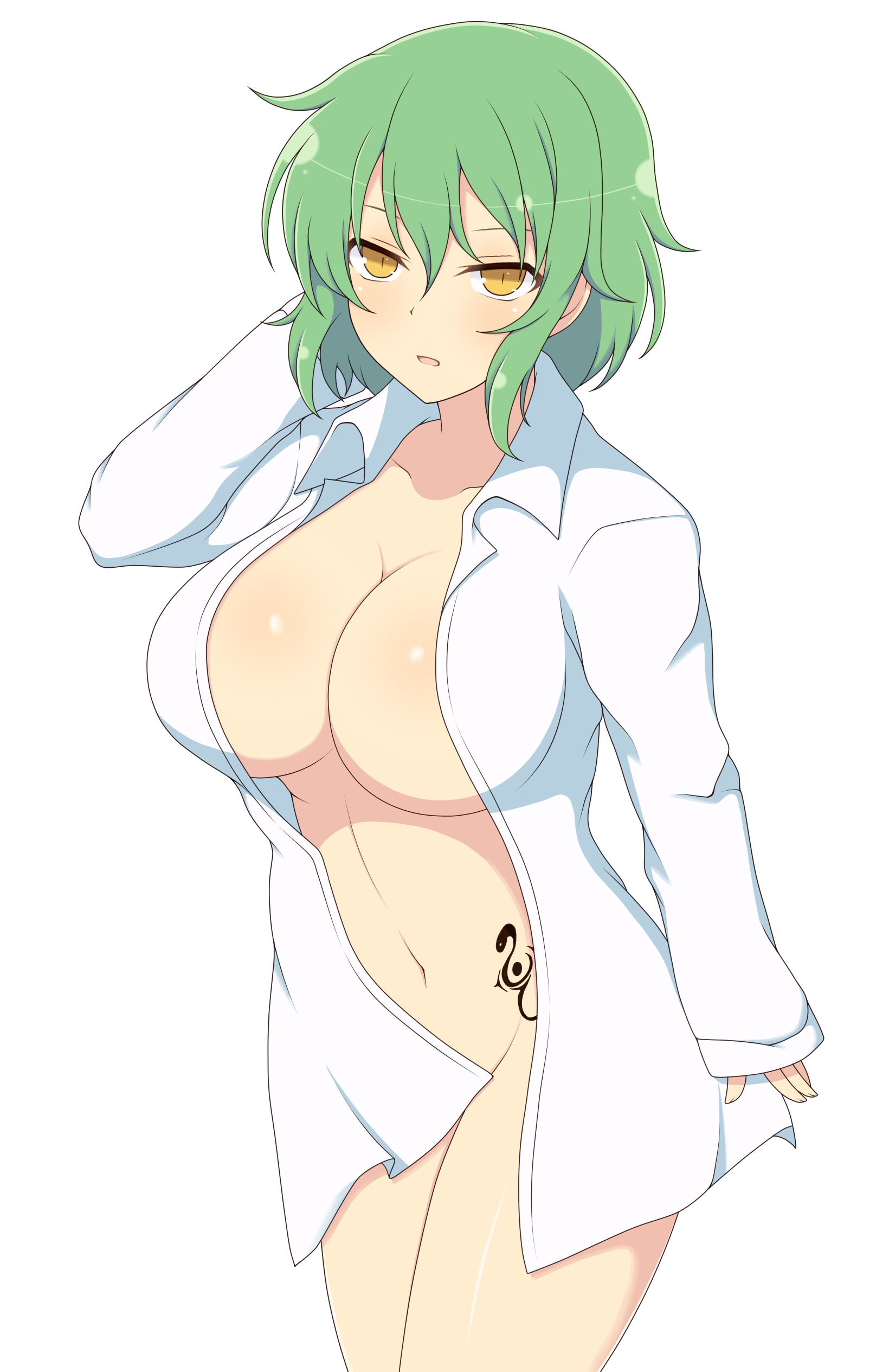 1girls, breasts, coat, collarbone, convenient censoring, expressionless, female, green hair, hikage (senran kagura), huge breasts, ichiryuu tsumiki, light skin, light-skinned female, long sleeves, looking at viewer, medium hair, midriff, navel, senran kagura, shirt only, simple background, slit pupils, solo, standing, tattoo, white background, yellow eyes
