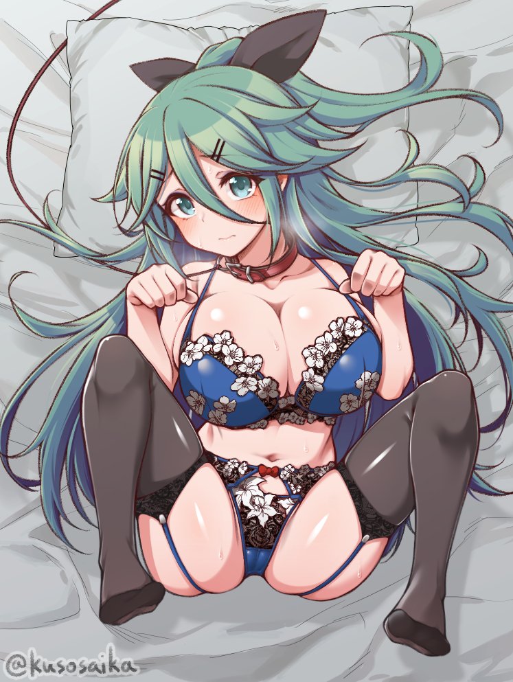 animal_collar aqua_eyes black_thighhighs blue_bra blue_panties bra breasts collar garter_belt garter_straps green_hair hair_flaps kantai_collection large_breasts long_hair lying on_back panties shortstack thighhighs twitter_username underwear underwear_only yamakaze_(kantai_collection) yuki_to_hana