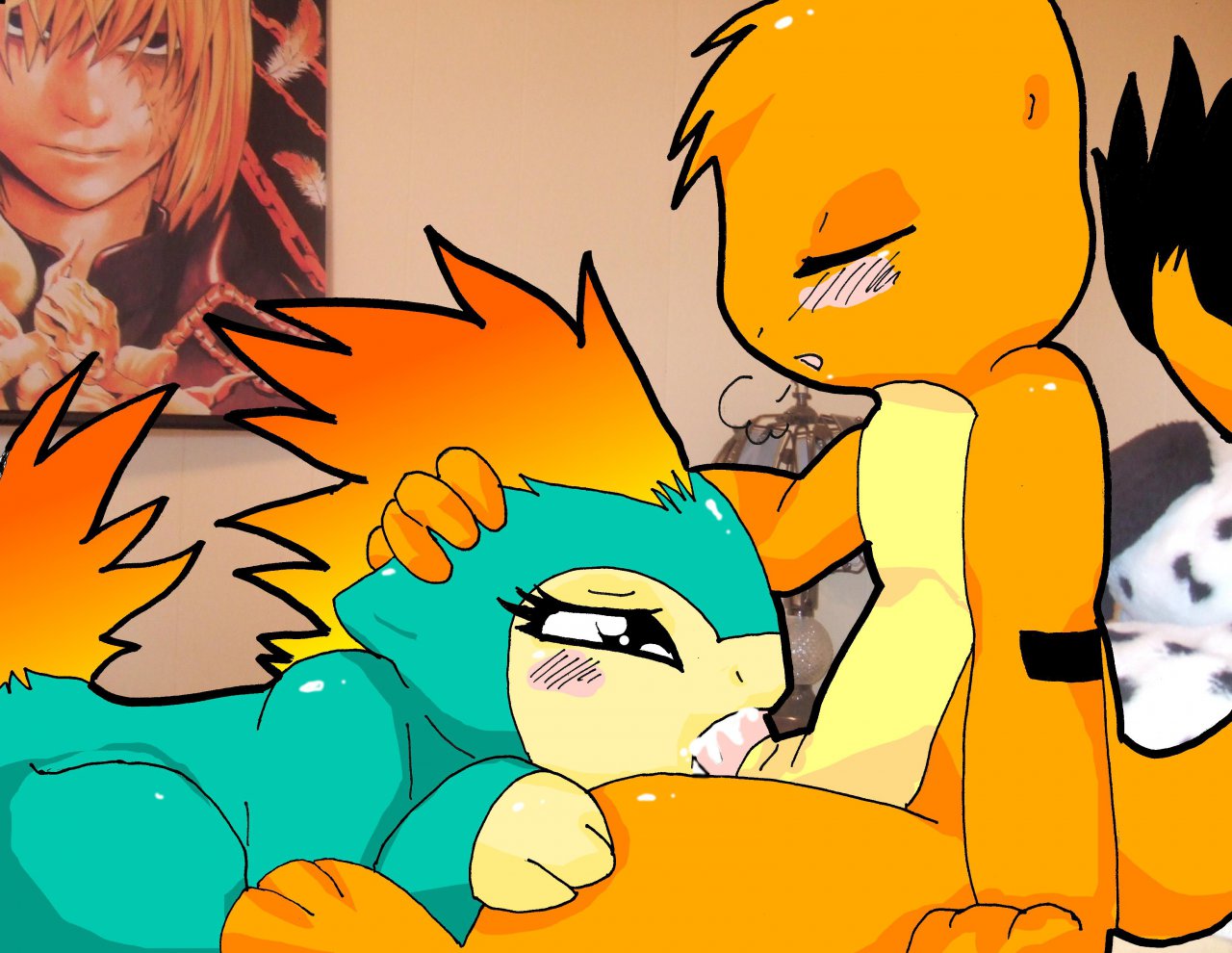 blush charmander color death_note fellatio female feral fur insertion interspecies loo_(artist) male mello mihael_keehl nintendo nude oral penis photo_background pokémon_(species) pokemon pokemon_(species) pokemon_gsc pokemon_rgby quilava side_view straight