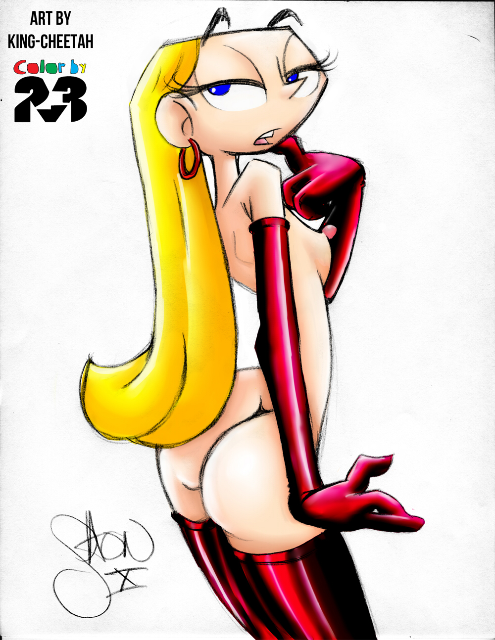 2010 areola artist_signature ass blonde_hair blue_eyes breasts cartoon_network colored dee_dee_(dexter's_laboratory) dexter's_laboratory erect_nipples female female_only gloves hoop_earrings human hyper_eyes king-cheetah long_hair looking_at_viewer nipples nudity partially_clothed shon_howell solo suggestive_look thighhighs