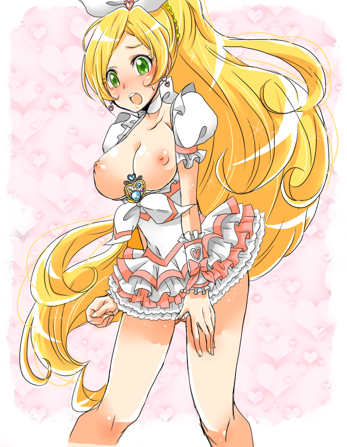 blonde_hair blush breasts clothing cure_rhythm dress green_eyes large_breasts magical_girl medium_breasts minamino_kanade nipples open_clothes open_shirt precure pretty_cure shirt suite_precure yawaragi