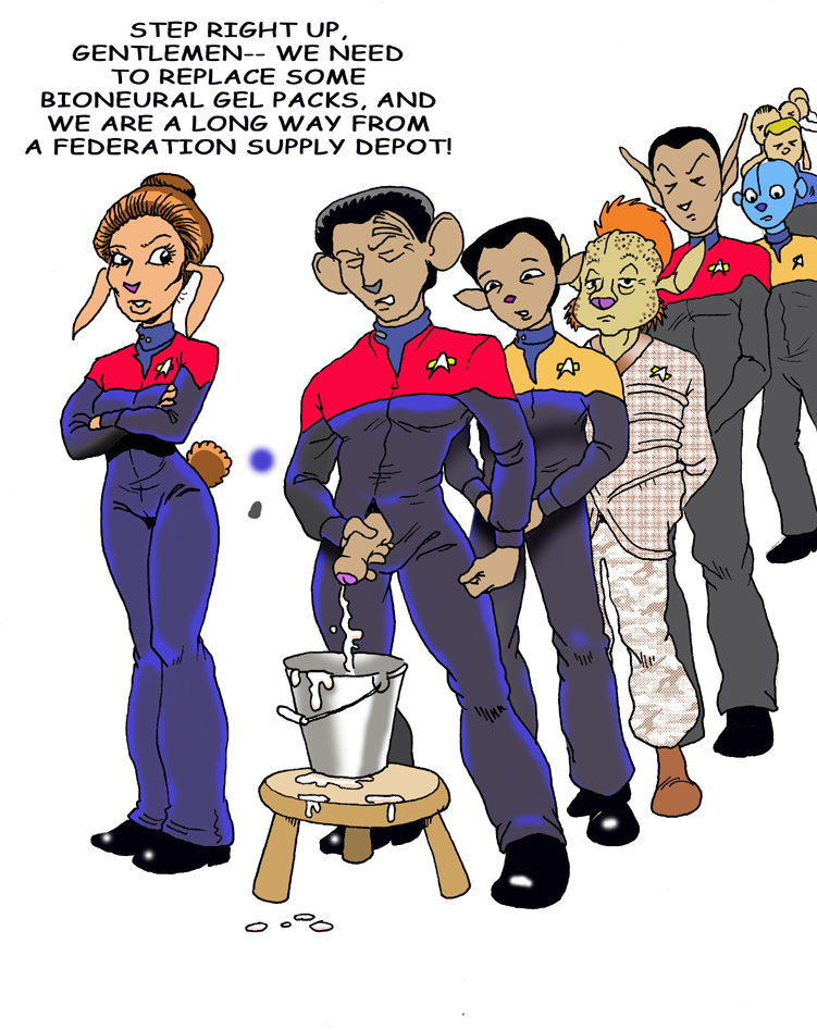 alien anthro bolian_(species) bouffant_bun bucket chakotay combadge cum dennis_clark dialogue english_text female harry_kim human humanoid kathryn_janeway male neelix_(character) pointy_ears sperm star_trek star_trek_voyager starfleet_insignia starfleet_uniform talaxian_(species) tuvok vulcan_(species)