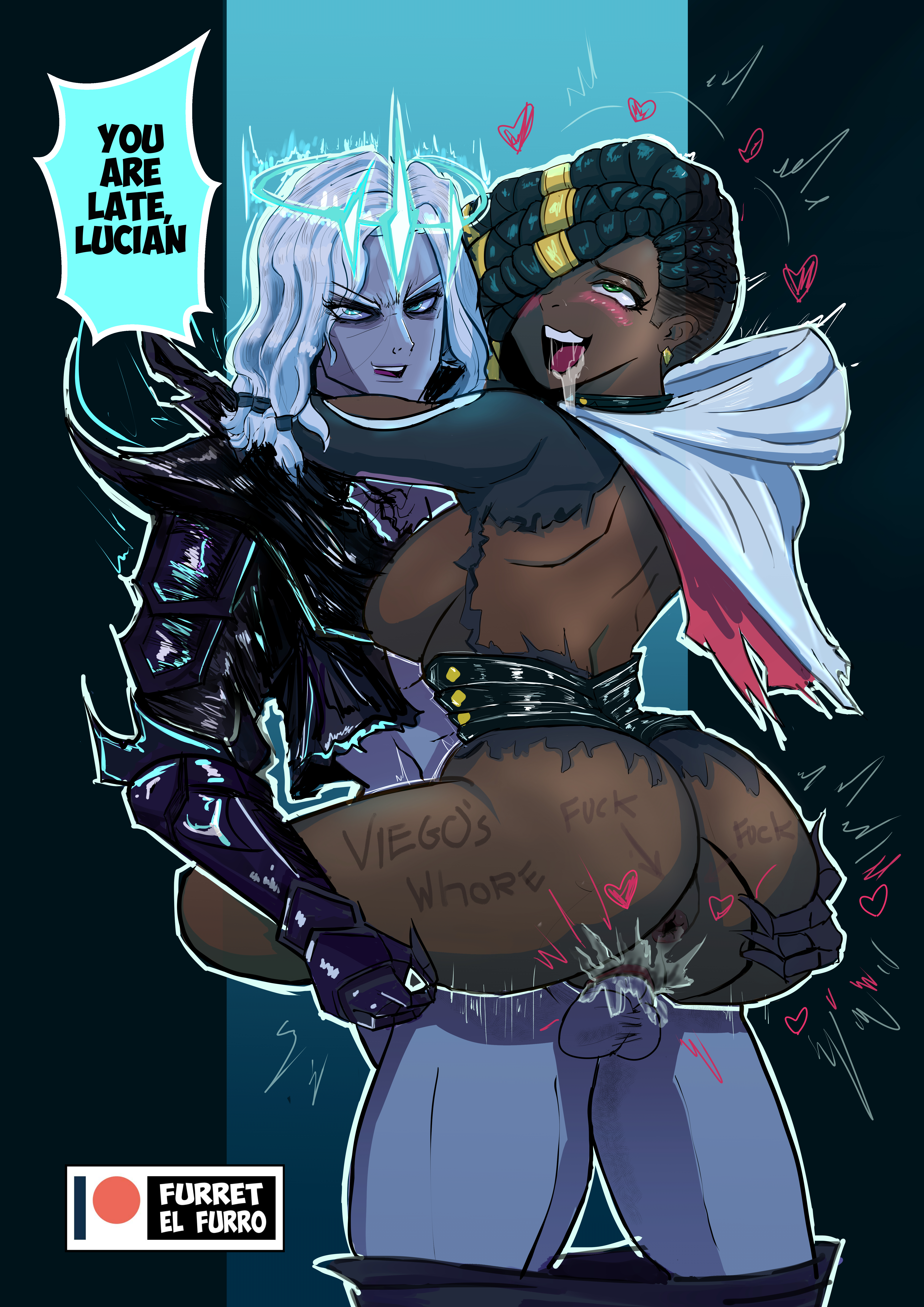1boy, 1girls, ahe gao, blush, body writing, cheating, cheating female, cheating girlfriend, cheating wife, cowgirl position, cuckold, dark skin, dark-skinned female, dreadlocks, earrings, female, furret el furro, interracial, league of legends, male, netorare, ntr, riot games, senna (league of legends), standing, standing sex, torn clothes, viego (league of legends)