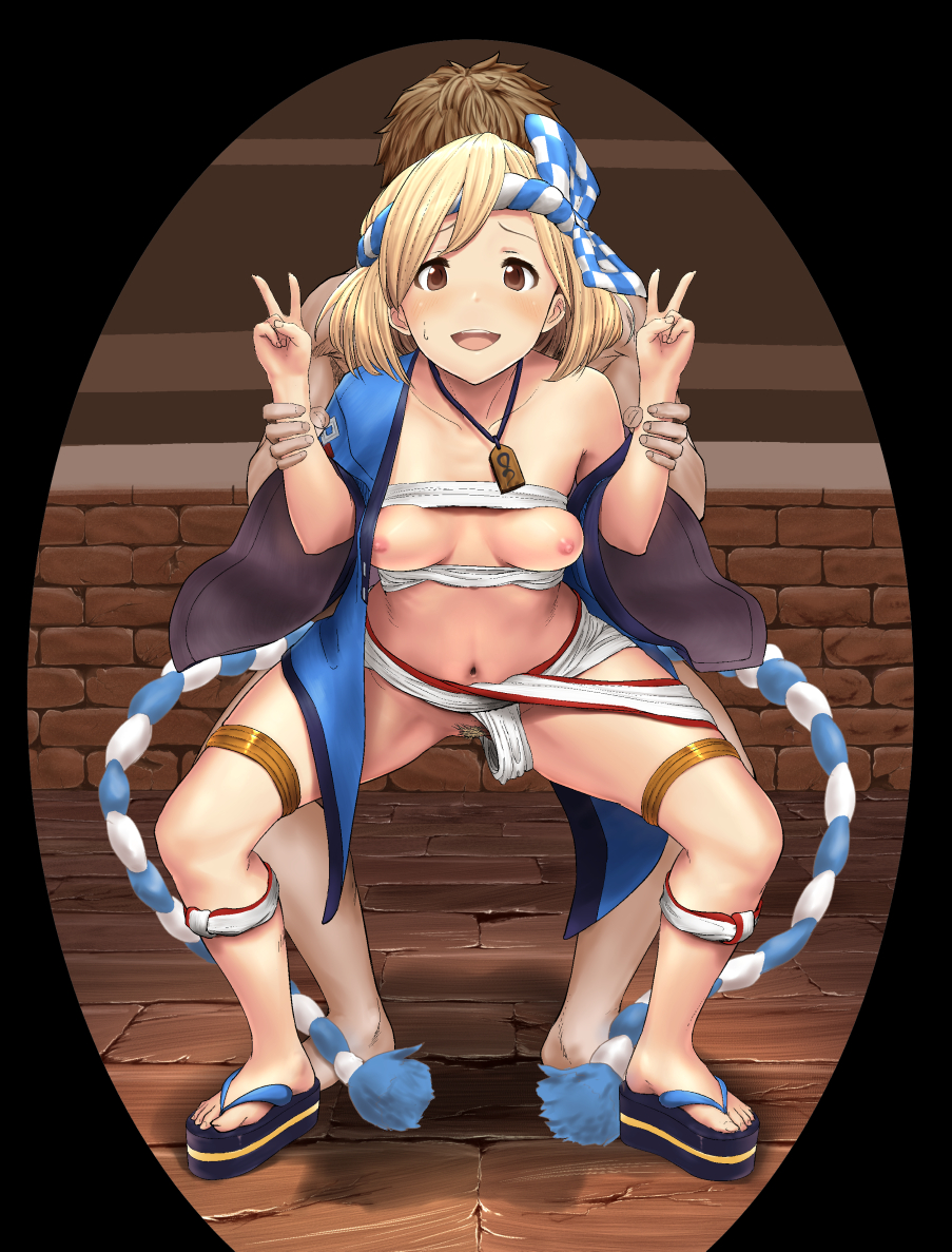 1boy 1girls ambiguous_penetration blonde_hair blonde_pubic_hair blush brown_eyes brown_hair couple djeeta_(granblue_fantasy) double_v female female_protagonist female_pubic_hair fundoshi gran_(granblue_fantasy) granblue_fantasy happy_sex headband holding_another's_arm implied_sex indoors kodzuka_yasushi legs light-skinned_female light-skinned_male male male_protagonist medium_breasts navel necklace nipples okobo open_clothes sandals sex short_hair spread_legs standing_sex taken_from_behind teenager teeth thigh_strap thighs tongue vagina wafuku wooden_floor