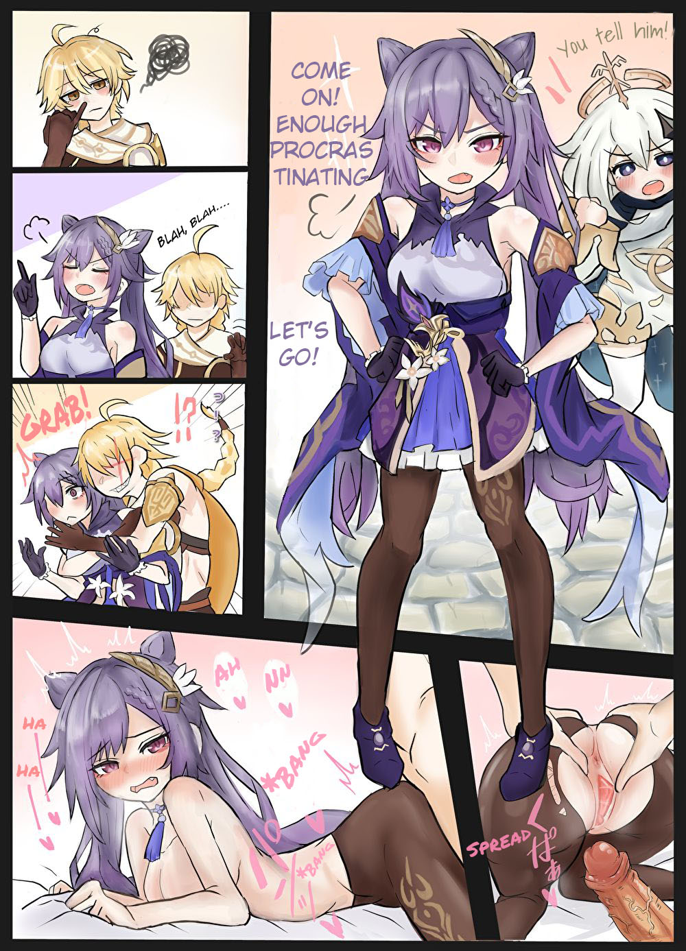 1boy, 1girls, aether (genshin impact), anus, ass, ass grab, before and after, bent over, blush, color, comic, english text, erection, female, genshin impact, hug, hug from behind, keqing (genshin impact), male, moaning, paimon (genshin impact), penis, pussy, sex, sex from behind, speech bubble, spread pussy, straight, torn pantyhose, twintails