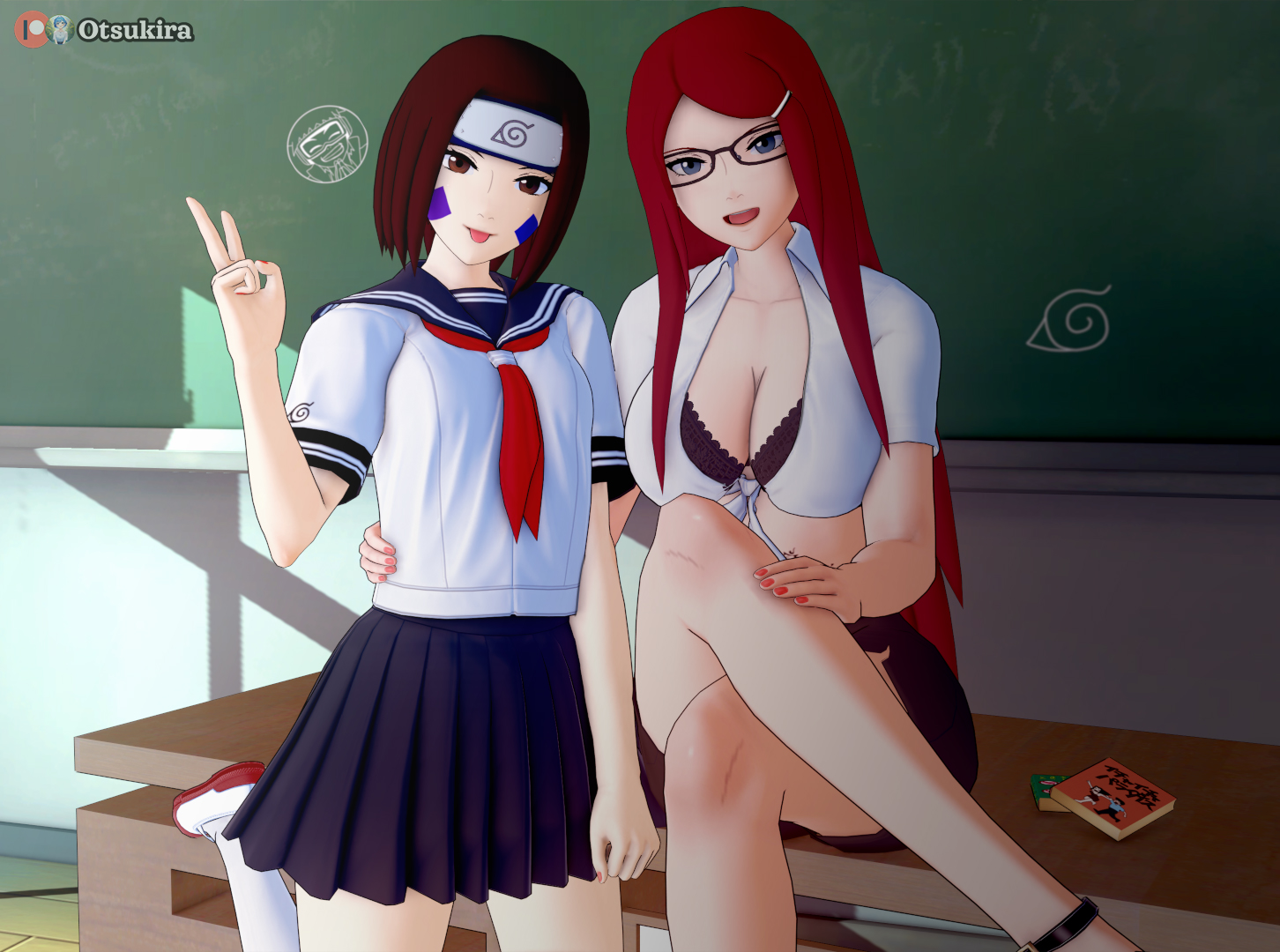 2girls, adult, age difference, big breasts, bra, bra cups sticking out, breast size difference, breasts, brown hair, classroom, crossed legs, desk, eyewear, female, glasses, headband, indoors, koikatsu, konohagakure symbol, long hair, looking at viewer, mature, mature female, milf, multiple females, multiple girls, nail polish, naruto, naruto (series), naruto shippuden, nohara rin, older female, on desk, otsukira, peace sign, petite, raised leg, red hair, revealing clothes, school, school uniform, schoolgirl, shirt, shoes, sitting on desk, skirt, small breasts, socks, sticking out tongue, student, teacher, teacher and student, teenager, tied shirt, tongue, tongue out, uzumaki kushina, v sign, voluptuous, younger female