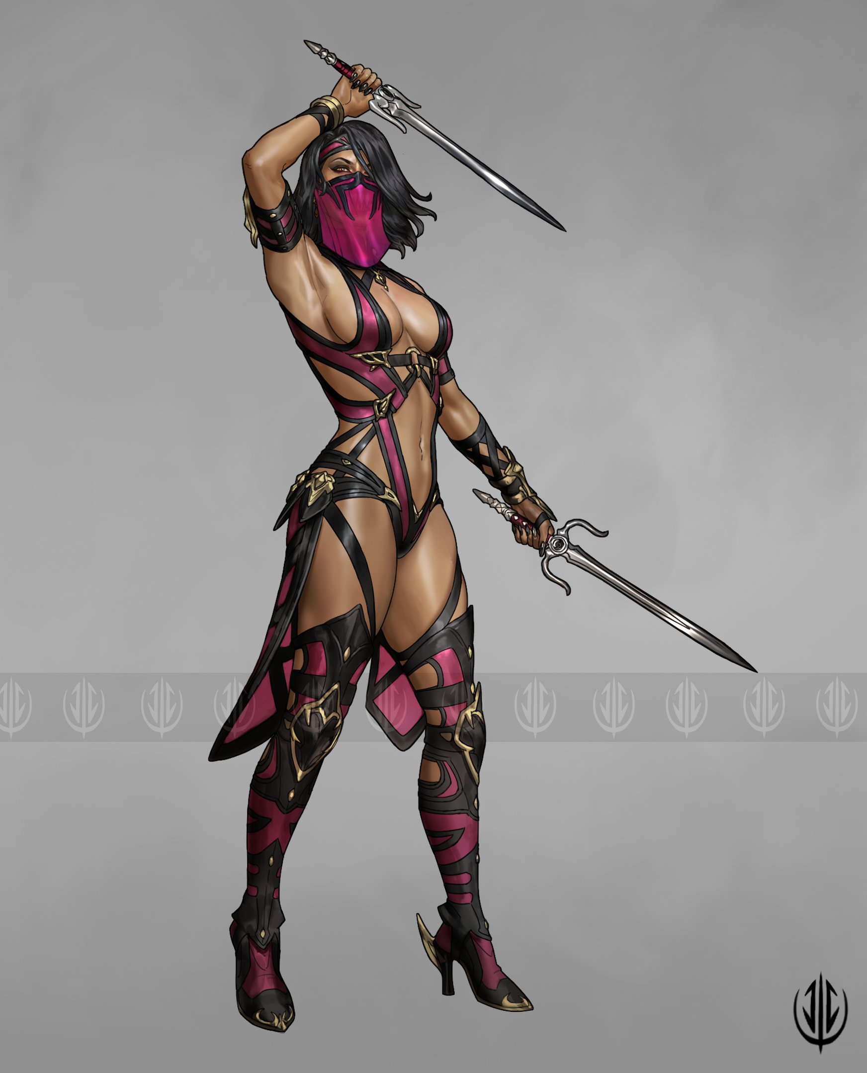 1girls, artist signature, big thighs, bikini armor, black hair, breasts, character sheet, clothed, edenian, female, female only, heels, hi res, high heels, john dimayuga, looking at viewer, mask, masked, masked female, midriff, mileena, mortal kombat, mortal kombat: deception, purple clothing, sai (weapon), short hair, sideboob, skimpy, skindentation, solo, solo female, tarkatan, thighs, toned, toned body, toned female, veil, watermark, weapon, weapons