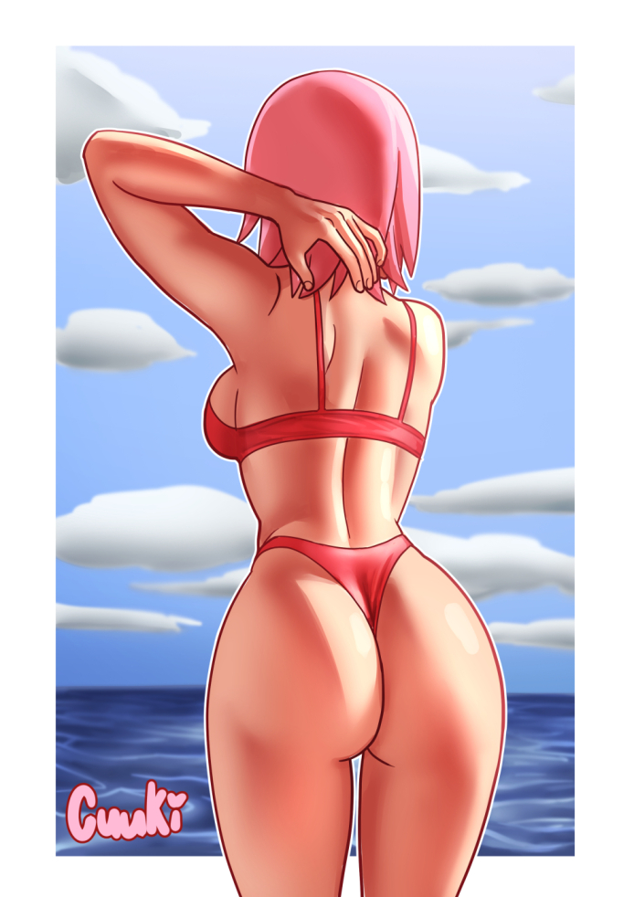 1girls ass back_view beach big_ass bikini boruto:_naruto_next_generations bottom_heavy breasts clouds cuuki0 dat_ass faceless faceless_female facing_away feet_out_of_frame female female_only from_behind highleg highleg_bikini long_hair milf naruto naruto_(series) naruto_shippuden ocean pink_hair rear_view sakura_haruno sea swimsuit thong_bikini water white_border