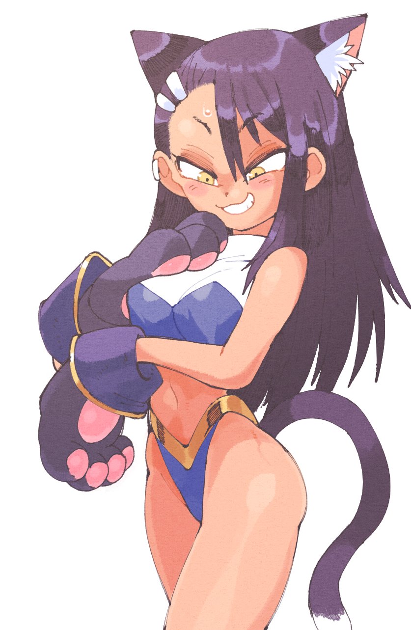 1girls, animal ears, black hair, blush, breasts, brown eyes, cat ears, cat girl, cat tail, catgirl, clothed, clothing, earrings, female, female focus, female only, hayase nagatoro, inkerton-kun, inkuusan, long hair, looking at viewer, navel, paw gloves, please don't bully me, nagatoro, revealing clothes, simple background, small breasts, smile, solo, tail, tan, tan skin, tanned