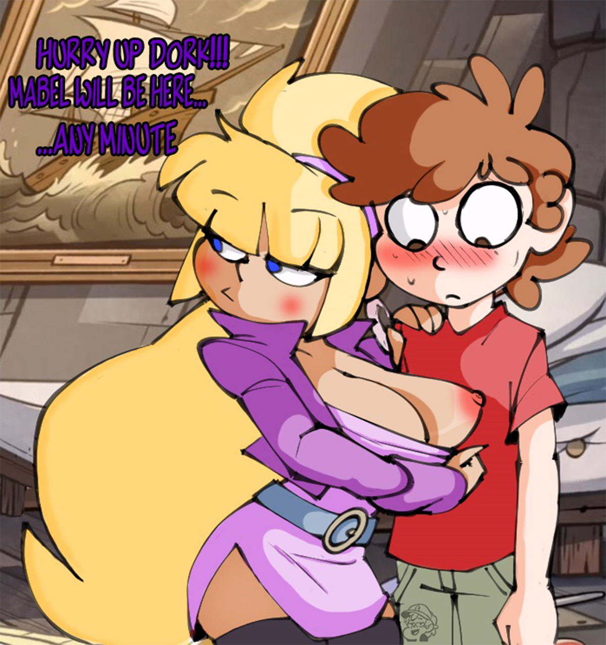 1boy, 1girls, aged up, bangs, bigdad, blonde female, blonde hair, blue eyes, blunt bangs, blush, breasts, breasts out, brown eyes, brown hair, clothes pull, clothing, dipcifica, dipper pines, disney, disney channel, disney xd, exposed breasts, fanon couple, female, gravity falls, hand on another's shoulder, hoop earrings, large breasts, light skin, light-skinned male, looking to the side, male, miniskirt, nipple slip, one breast out, pacifica northwest, seductive, straight, straight hair, tan-skinned female, tanline, tanlines, teenager, very long hair