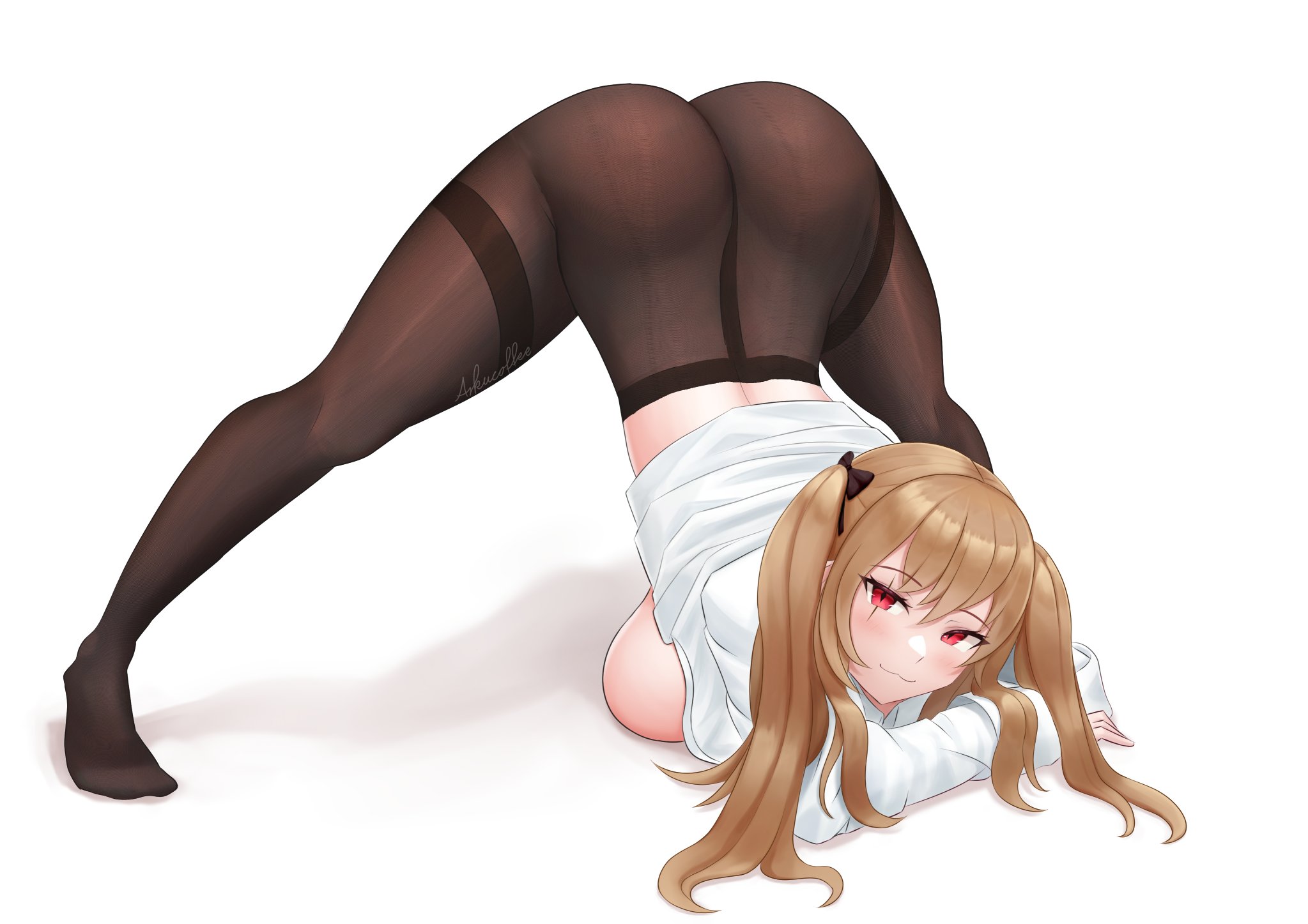 :3, 1girls, 2d, arkucoffee, ass, bow, braless, breasts, brown hair, female, girls' frontline, highres, jack-o pose, jackochallenge, pantyhose, red eyes, scar, scar across eye, shirt, smug, smug face, solo, twintails, ump9 (girls' frontline)