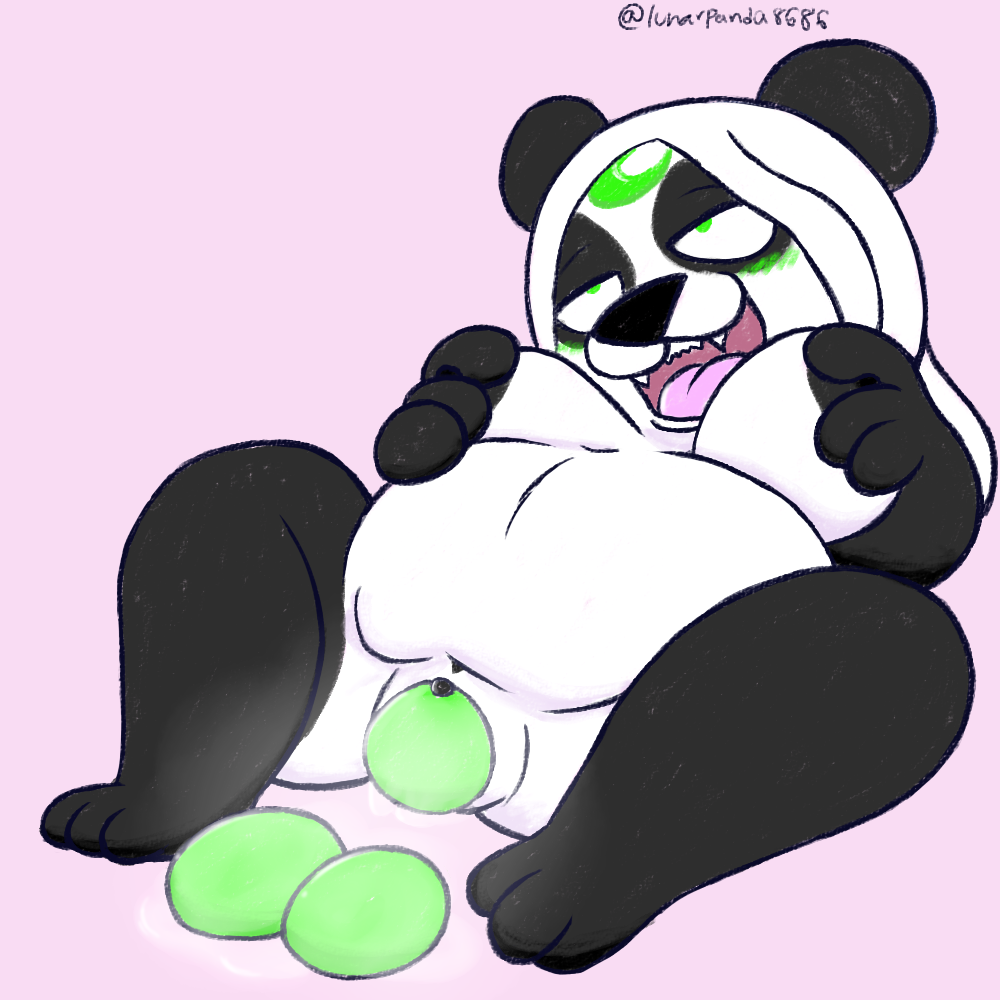 1girls anthro bear big_belly black_body black_clitoris black_fur black_nose blush bodily_fluids breasts clitoris egg egg_laying female female_only fur fur_markings genital_fluids genitals giant_panda green_eyes hair lunarpanda8686 mammal markings mika_(lunarpanda8686) naked nipples nude open_mouth pussy_juice round_ears simple_background slightly_chubby smile solo white_body white_fur white_hair