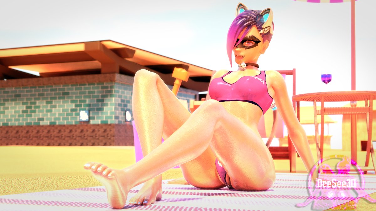 1girls 3d beach beach_chair beach_towel bikini bikini_bottom bikini_top black_cat_sombra blizzard_entertainment bucket cat_ears cat_tail deesee3d feet feet_together female female_focus female_only latina matching_hair/eyes nude nude_female overwatch overwatch_2 purple_eyes purple_hair sand sitting sombra tail