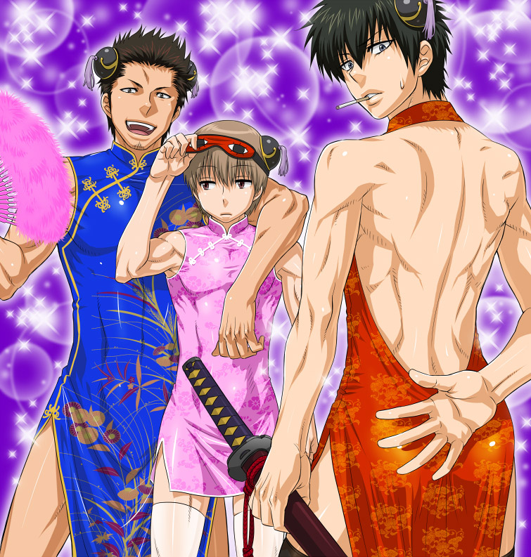 3boys alternate_costume back_muscles black_hair brown_hair bun_cover china_dress chinese_clothes cigarette cosplay crossdressing eye_mask fan folding_fan gintama hand_fan hijikata_toshiro inukkoro kagura_(gintama)_(cosplay) katana kondou_isao light_brown_hair looking_at_viewer looking_back male male_only muscular muscular_male okita_sougo purple_background rear_view shinsengumi_(gintama) side_slit sleep_mask sleeveless smoking sparkles sweatdrop sword thighhighs tight_clothing toned toned_male weapon white_legwear white_thighhighs