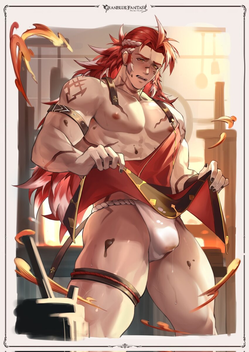 apron aussummer blush body_markings bulge chocolate embarrassed fundoshi granblue_fantasy male_only precum_drip red_hair solo_male thick_thighs wilnas_(granblue_fantasy)