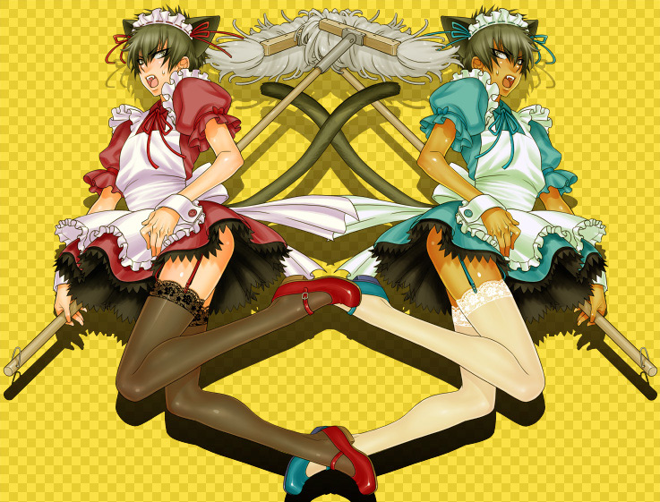 2boys alternate_costume apron black_legwear black_thighhighs cat_ears cat_tail catboy clone crossdressing dark_green_hair dual_persona fangs femboy frills full_body fully_clothed garter_straps gintama hijikata_toshiro inukkoro lace-trimmed_thighhighs looking_at_viewer maid maid_headdress maid_uniform male male_only mary_janes mop nylons open_mouth stockings sweatdrop tan_skin thighhighs white_legwear white_thighhighs yellow_background