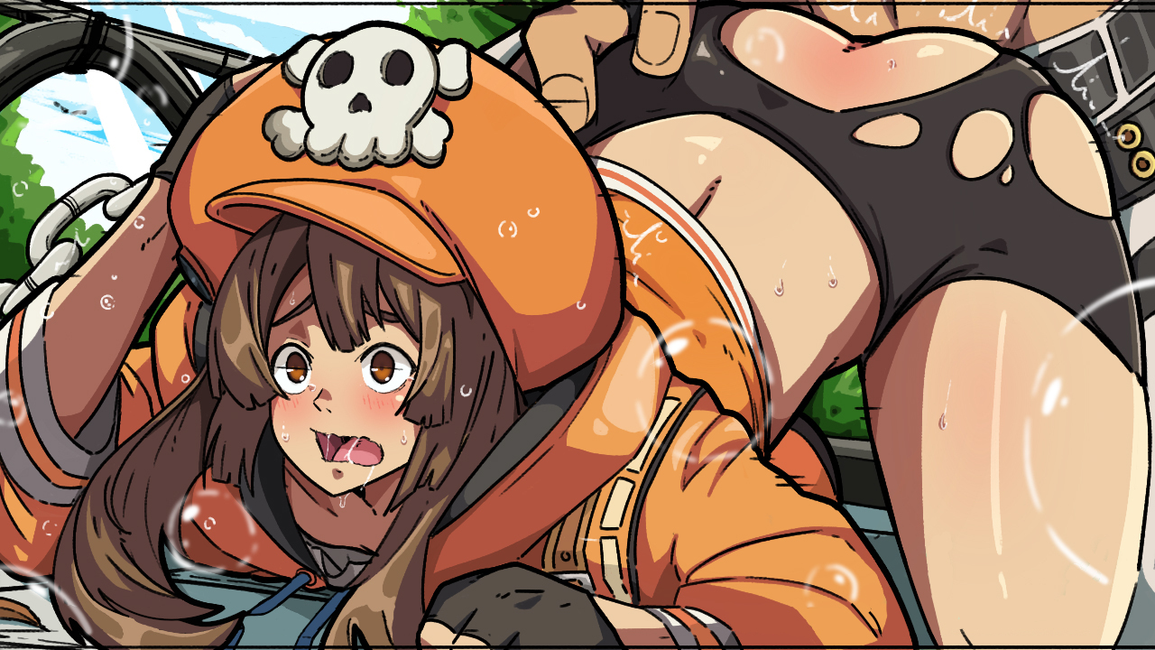 1boy, 1girls, ambiguous penetration, bike shorts, blush, brown eyes, brown hair, curvy, doggy style, edit, female, from behind position, guilty gear, guilty gear strive, hair, hat, hoodie, long hair, male, mark gavatino, may (guilty gear), open mouth, orange clothing, penetration, pirate hat, ripped clothing, sex, shorts, sol badguy, straight, textless, thick thighs