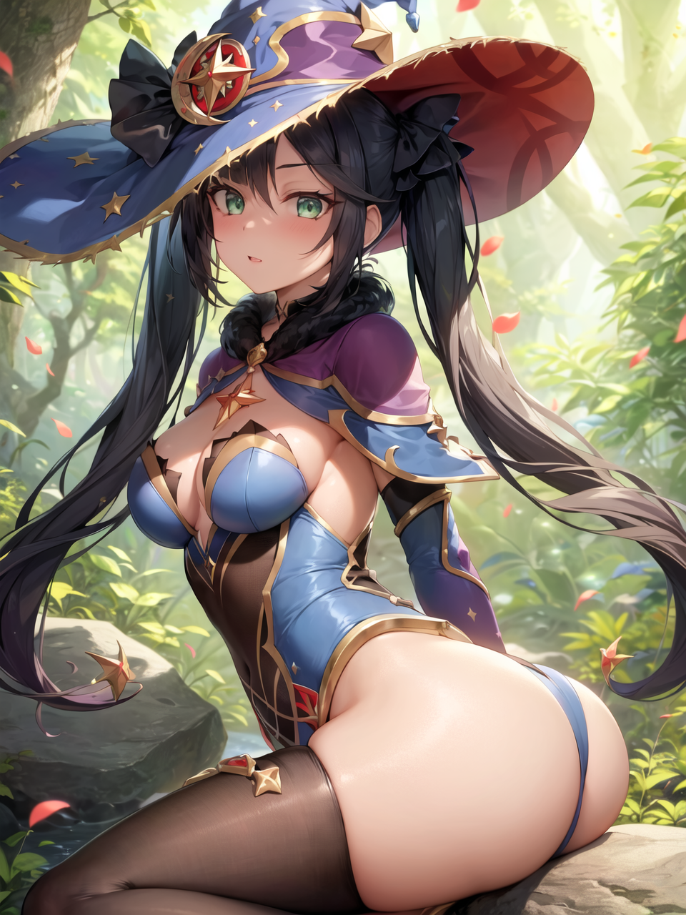 1girls, ai generated, alternate breast size, ass, black hair, blush, breasts, bubble ass, bubble butt, female, genshin impact, green eyes, hat, highleg leotard, large ass, large breasts, large hat, leotard, light skin, light-skinned female, long hair, looking at viewer, mona (genshin impact), outdoors, stable diffusion, thick thighs, thighs, twintails, witch hat