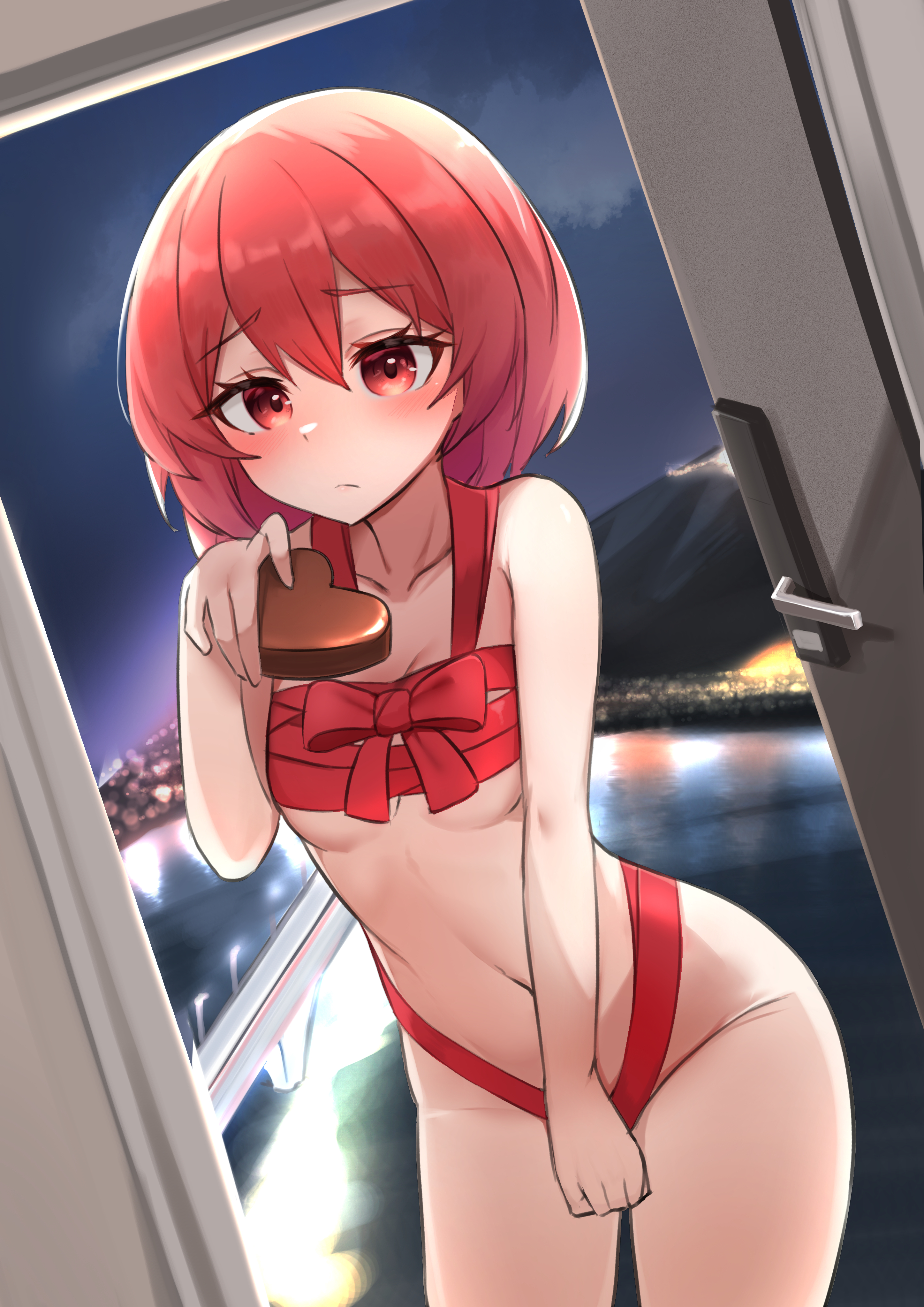 1girls, blush, bow, breasts, candy, chocolate, daebom, embarrassed, female, flat chest, gift wrapped, pink eyes, pink hair, ribbon, small breasts, valentine (daebom), valentine's day, war thunder