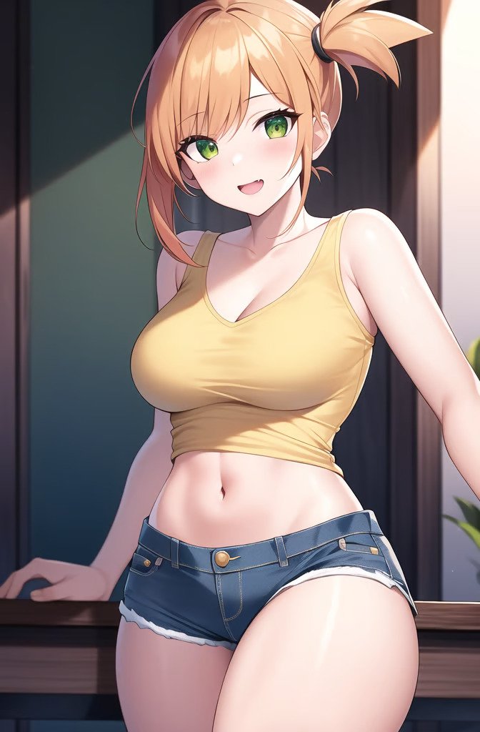 ai generated, asymmetrical hair, bangs, blush, breasts, clavicle, clothing, denim, denim shorts, female, female only, game freak, green eyes, huge breasts, kasumi (pokemon), large breasts, navel, nintendo, novelai, orange hair, pokemon, pokemon (anime), pokemon (classic anime), pokemon (game), pokemon rgby, ponytail, red hair, shirt, short hair, shorts, side ponytail, sleeveless, sleeveless shirt, solo, stable diffusion, suspenders, sweat, sweatdrop, tied hair, wet, yellow shirt
