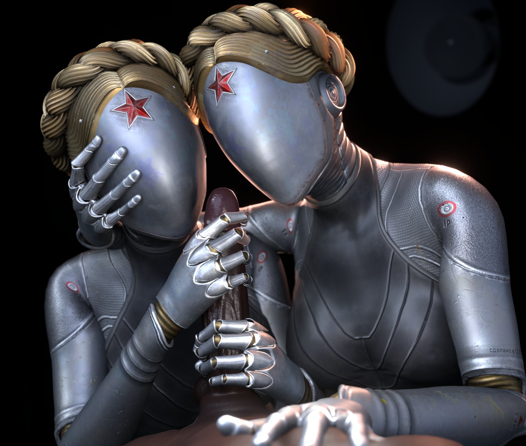 1boy, 2girls, 3d, android, artist request, atomic heart, blonde hair, dark skin, dark-skinned male, faceless character, faceless female, female, handjob, male, pov, the twins (atomic heart), two-handed handjob