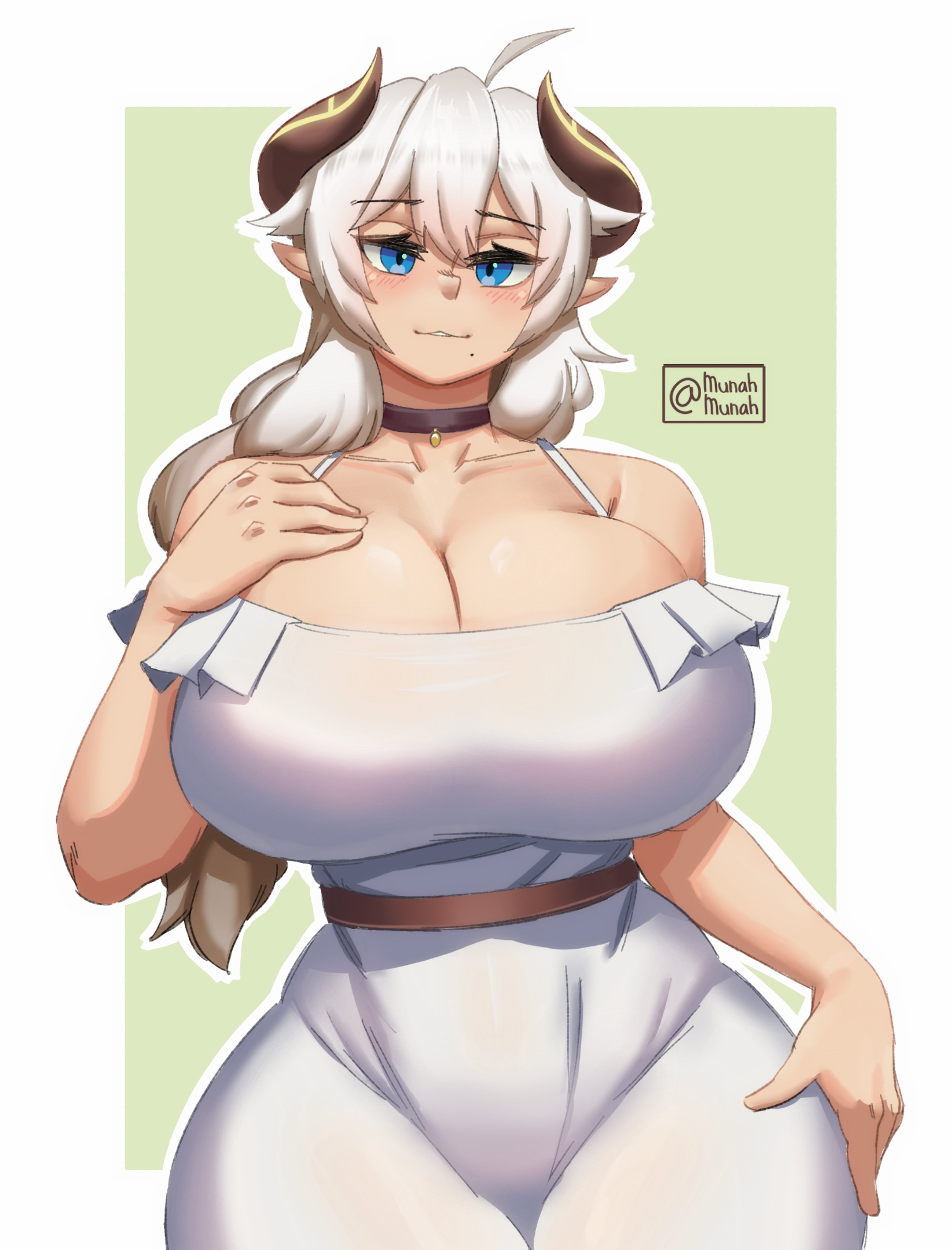 :), 1girls, 2022, 2d, 2d (artwork), belt, big breasts, big thighs, blue eyes, blush, braided hair, breasts, busty, choker, cleavage, dress, eyebrows visible through hair, eyelashes, female, female focus, female only, hand on breast, hand on thigh, hi res, highres, hips, horn, horns, hourglass figure, huge breasts, huge thighs, large breasts, large thighs, long hair, mai munah, milf, original, original character, smile, solo, solo female, solo focus, thick thighs, thighs, voluptuous, wide hips
