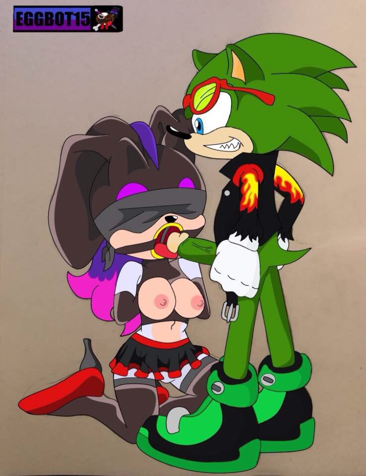 anthro arms_behind_back blindfold bunny_costume duo eggbot15 exposed_breasts fellatio femsub gag imminent_fellatio maledom ring_gag scourge_the_hedgehog sonic_(series) sonic_oc sydney_the_hedgehog