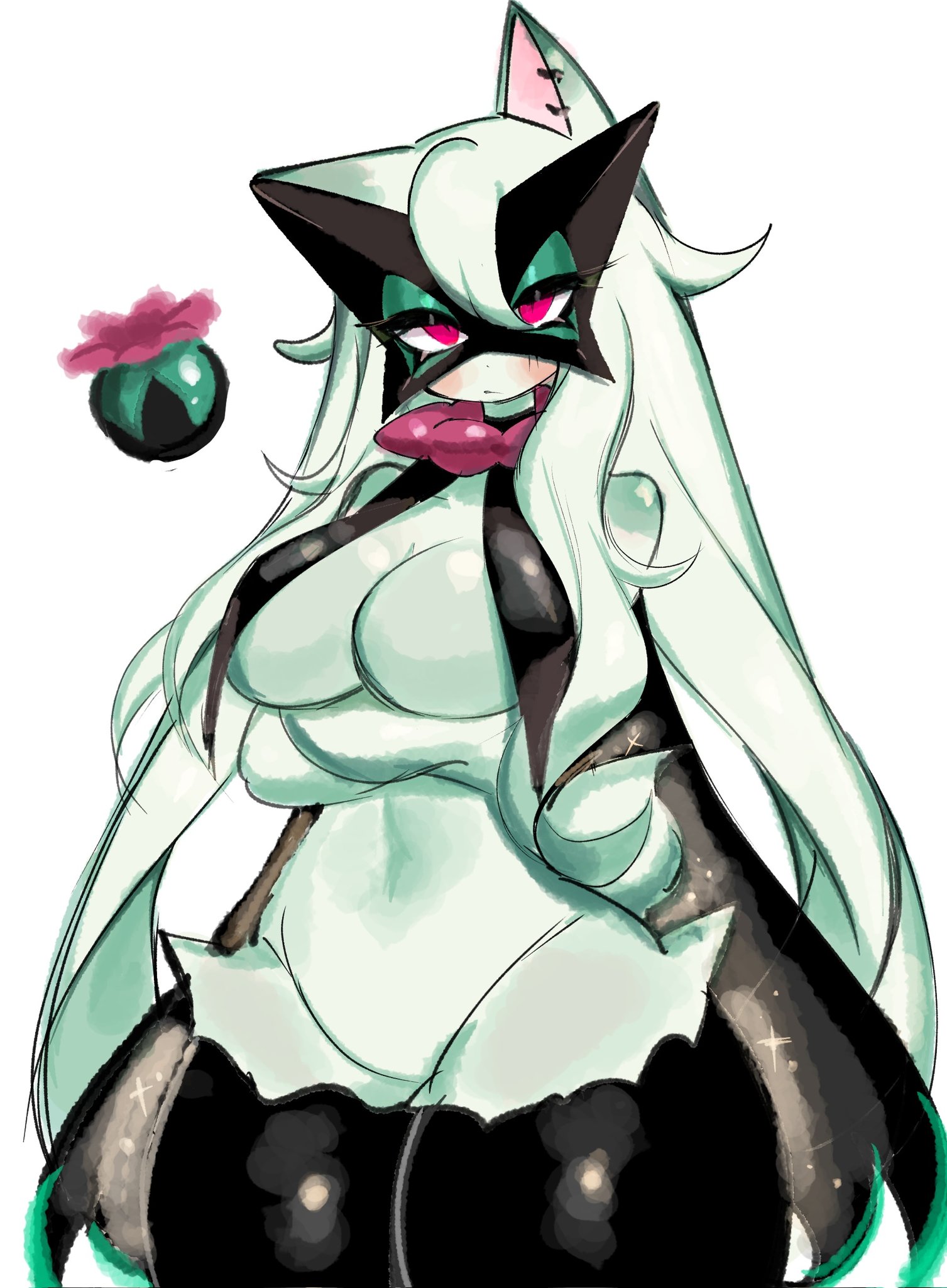 1girls, anthro, anthrofied, arms under breasts, belly, belly button, big breasts, big thighs, blush, blushing, breasts, busty, crossed arms, crossing arms, felid, feline, felis, female, female only, fur, furry, furry only, green body, green fur, hands under breasts, hourglass figure, huge breasts, huge thighs, large breasts, meowscarada, nintendo, pokemon, pokemon (species), pokemon sv, solo, tagme, thick, thick thighs, tummy, usa37107692